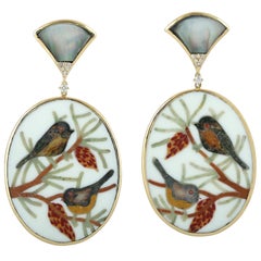 Enamel Hand Painted Mother of Pearl Diamond Sparrow Earrings