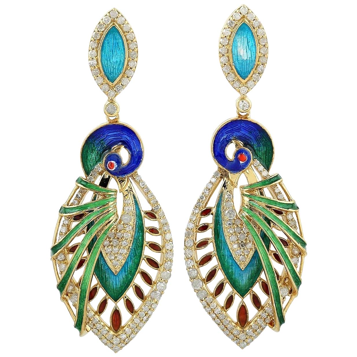 Enamel Hand Painted Peacock Diamond Earrings