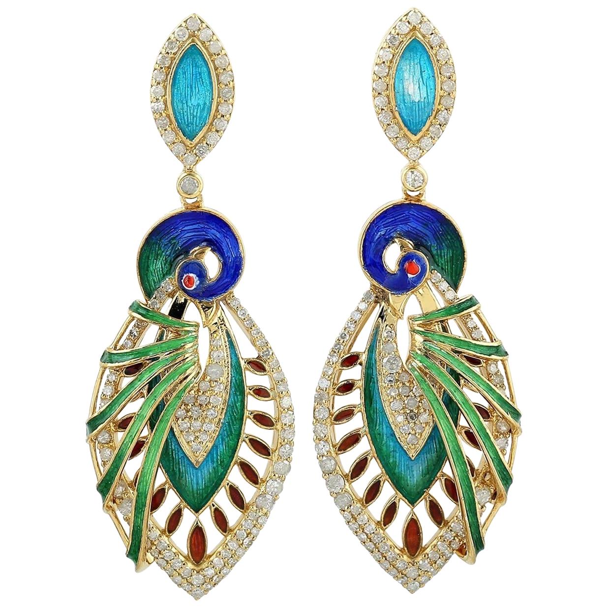 Pendientes de diamantes pavo real pintados a mano con esmalte