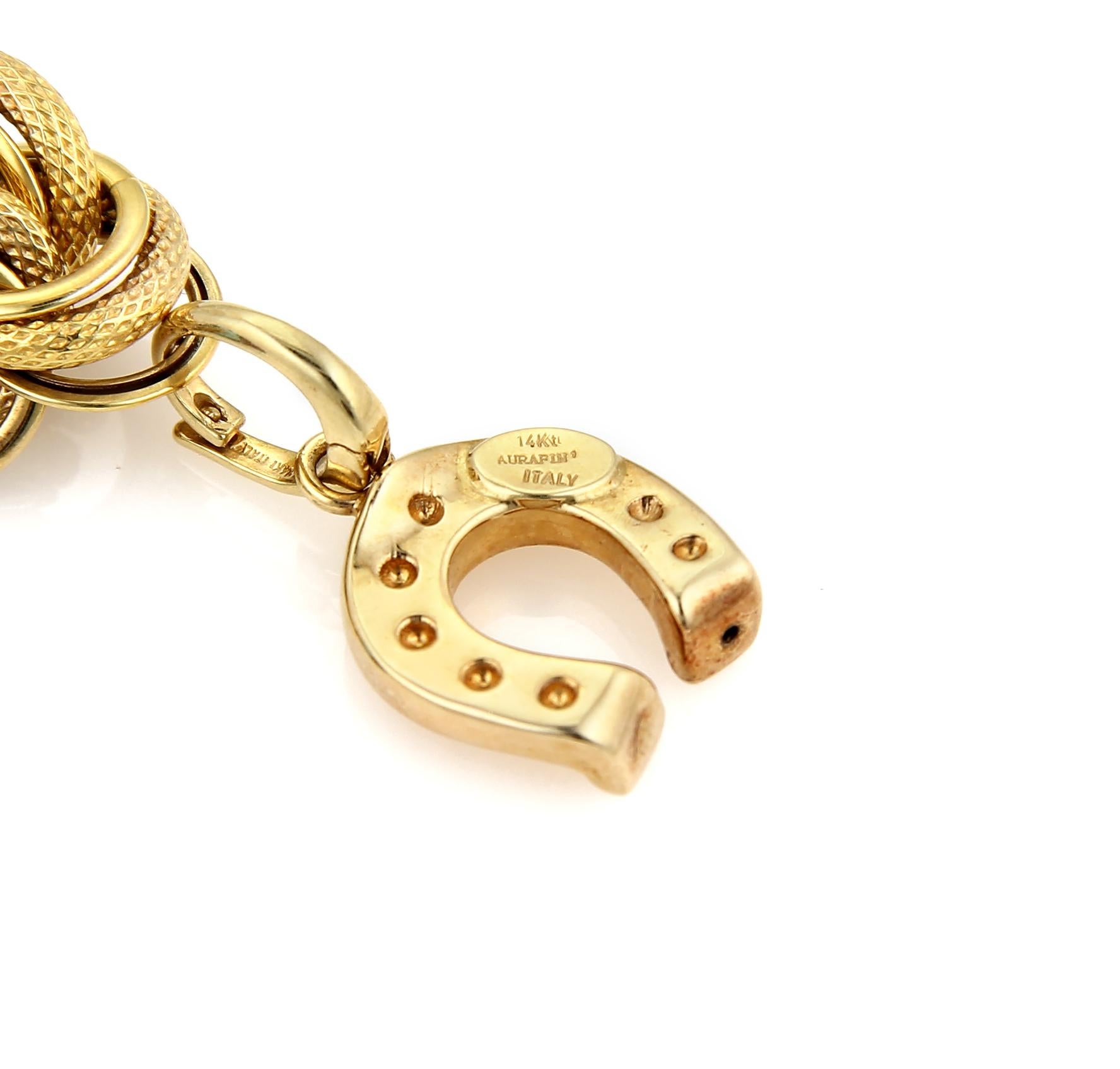 Modern Enamel Hefty 10 Charms Large Triple Link 14k Yellow Gold Bracelet