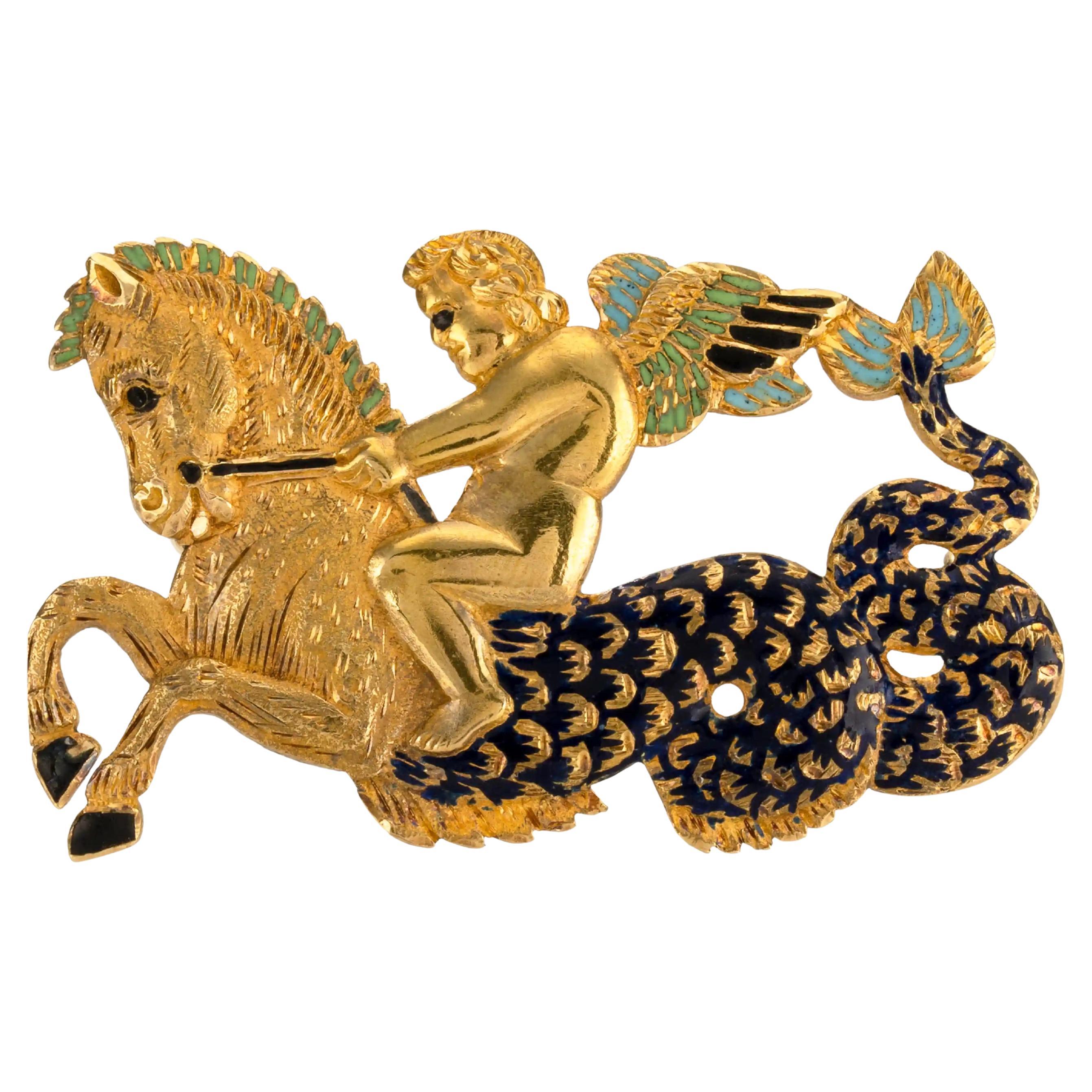 Antique Gold Enamel Hippocampus Brooch