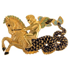 Antique Gold Enamel Hippocampus Brooch