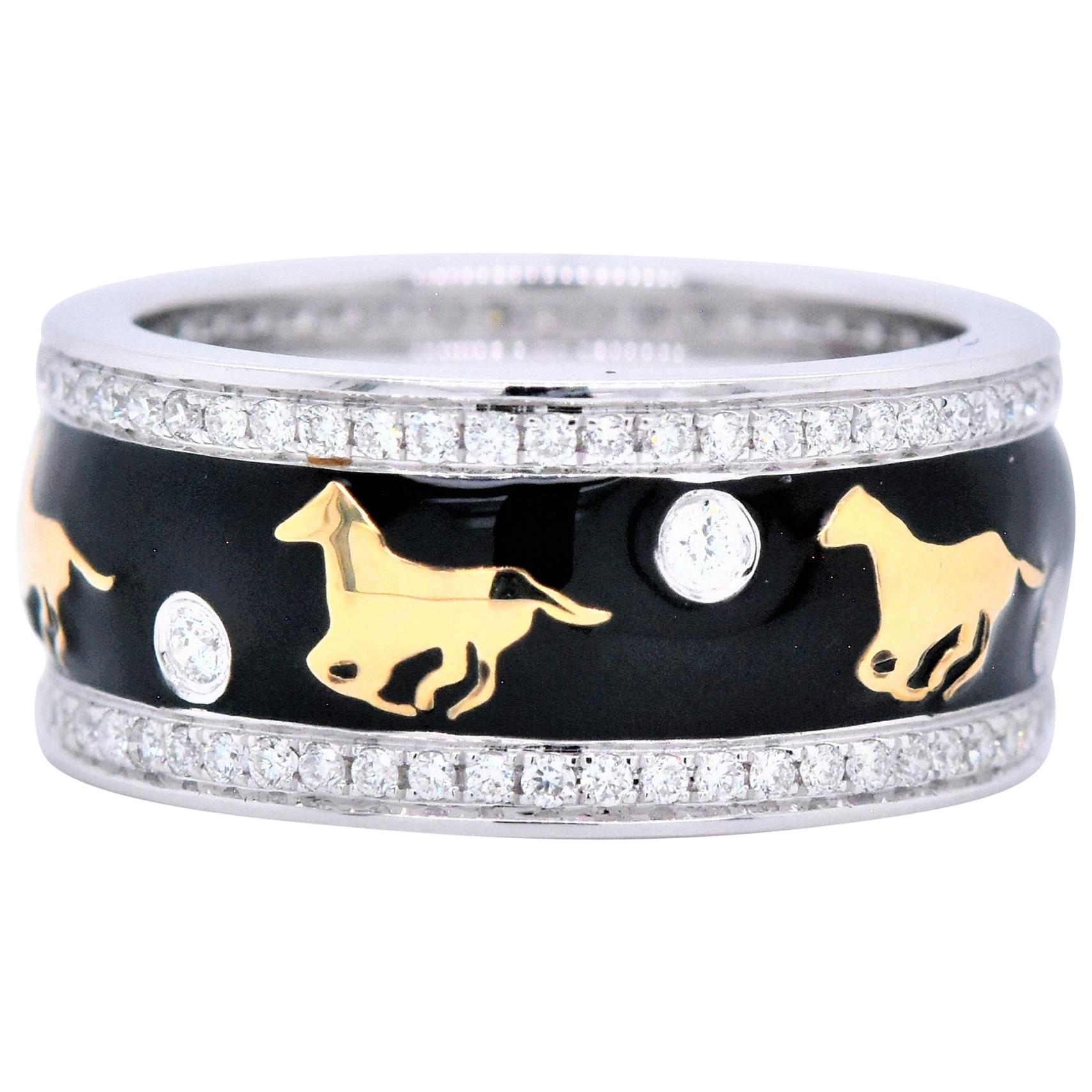 Enamel Horse Motif Diamond Ring 18 Karat White Gold