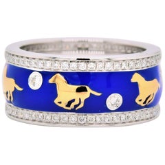 Enamel Horse Motif Diamond Ring 18 Karat White Gold