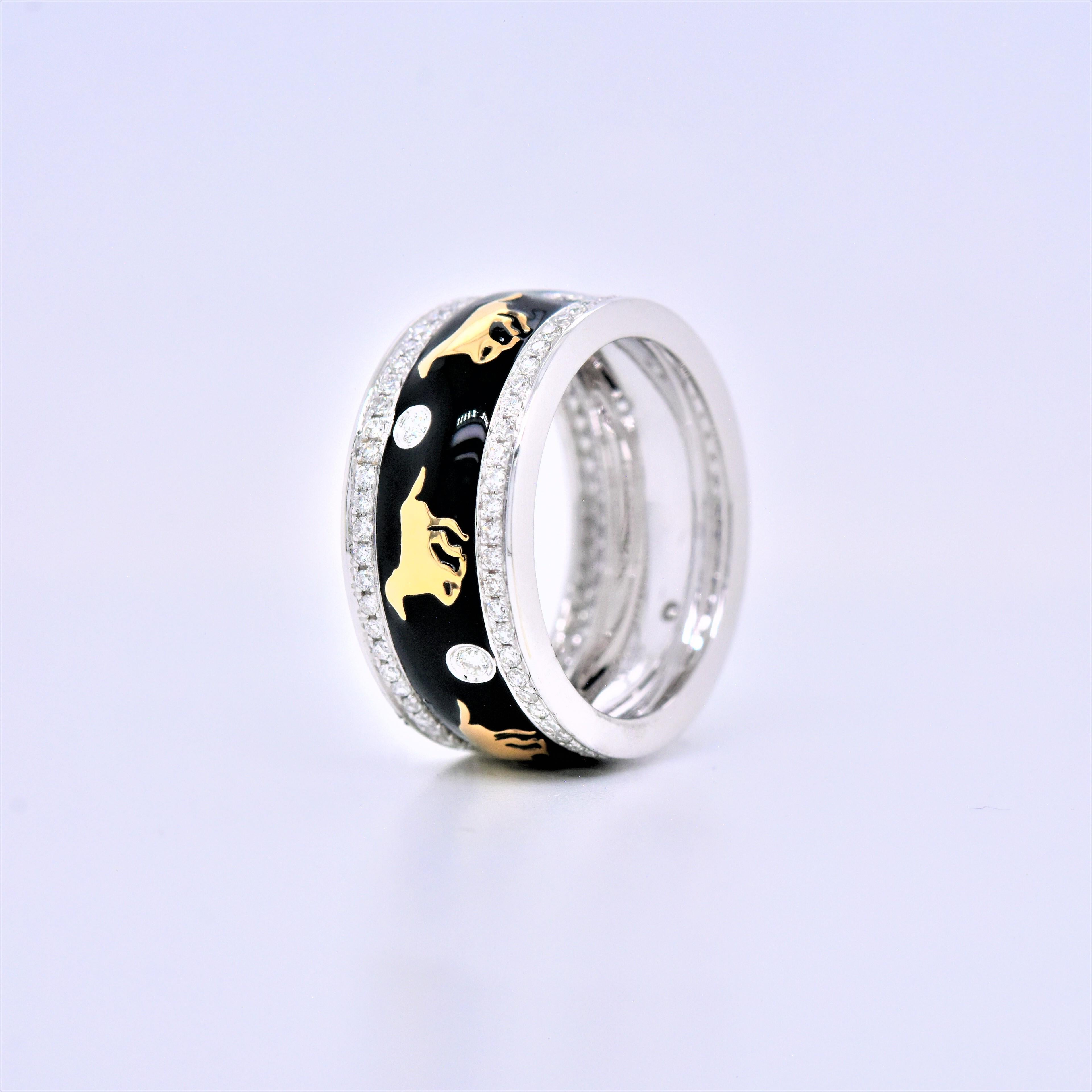 This Enamel ring is in printed enamel with gold plated. This style depicts a horse scene on a black colored background.
18K White Gold Black Enamel Horse Ring with Diamonds. 

Diamond And Gold Breakdown:
0.68 Carats Round White Diamonds - Totaling