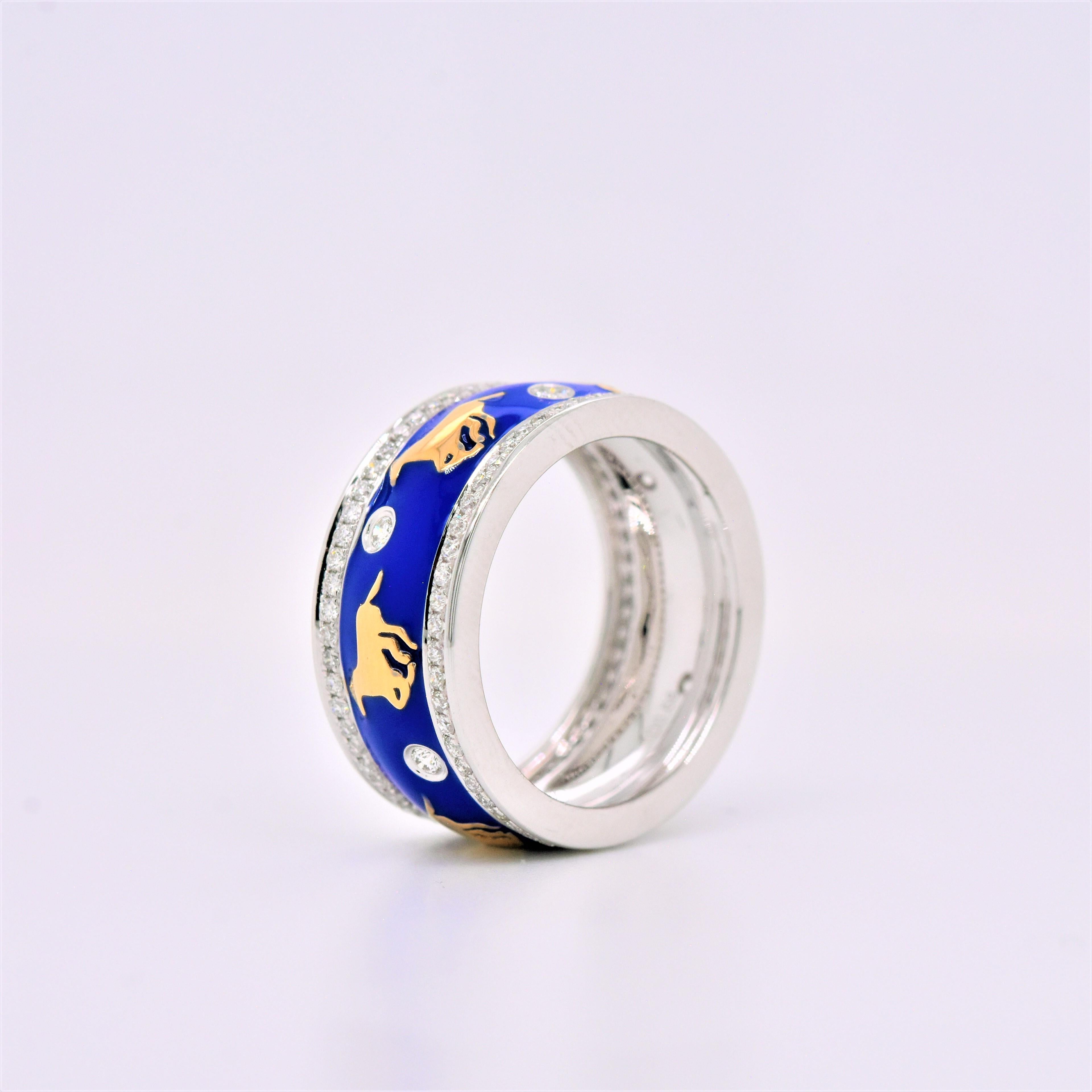 This Enamel ring is in printed enamel with gold plated. This style depicts a horse scene on a blue colored background.
18K White Gold Blue Enamel Horse Ring with Diamonds. 

Diamond And Gold Breakdown:
0.68 Carats Round White Diamonds - Totaling 118