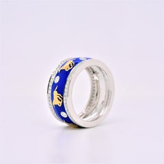 Enamel Horse Motif Diamond Ring 18 Karat White Gold