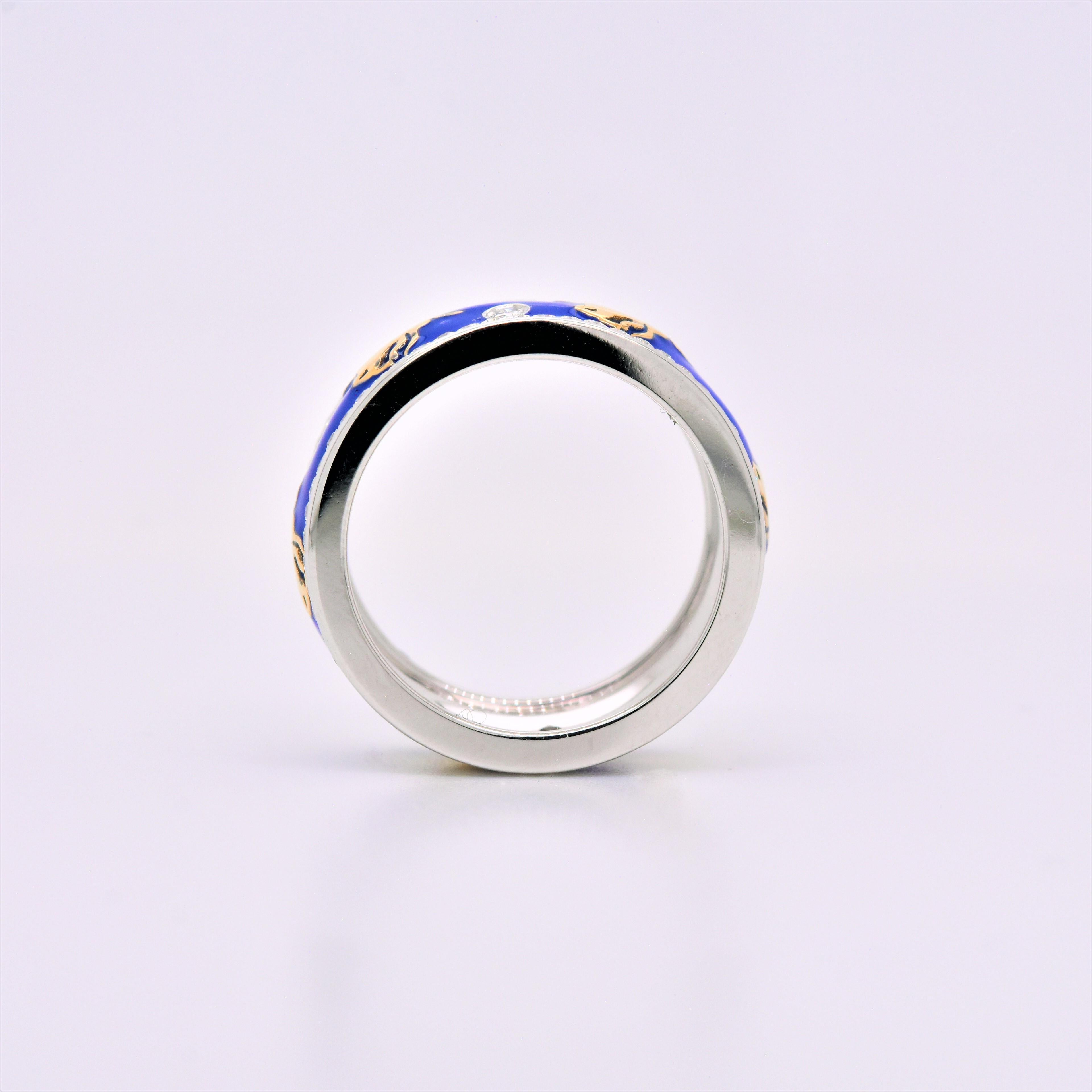 Round Cut Enamel Horse Motif Diamond Ring 18 Karat White Gold