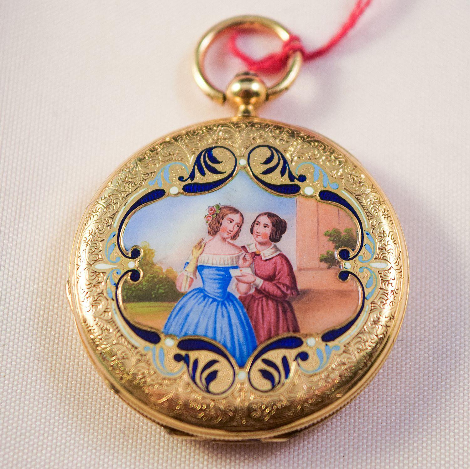 Emaille-Uhr mit Jägergehäuse 18 k attraktive Damen gemalt auf beiden Seiten in Landschaften im Angebot 5