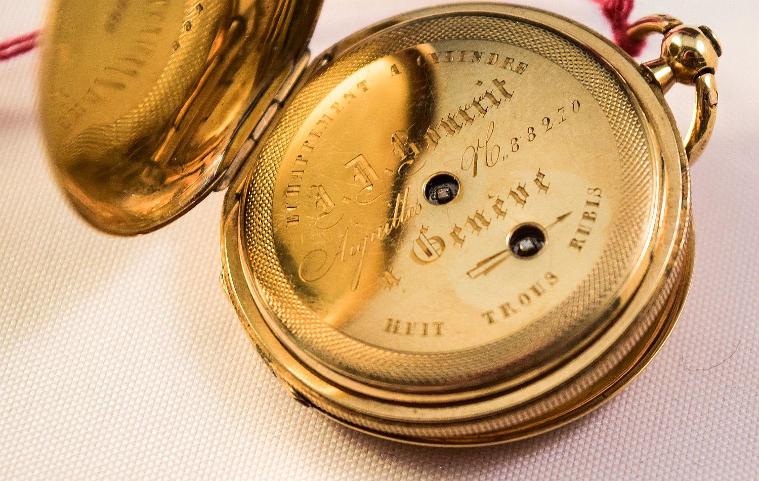 Emaille-Uhr mit Jägergehäuse 18 k attraktive Damen gemalt auf beiden Seiten in Landschaften im Angebot 10