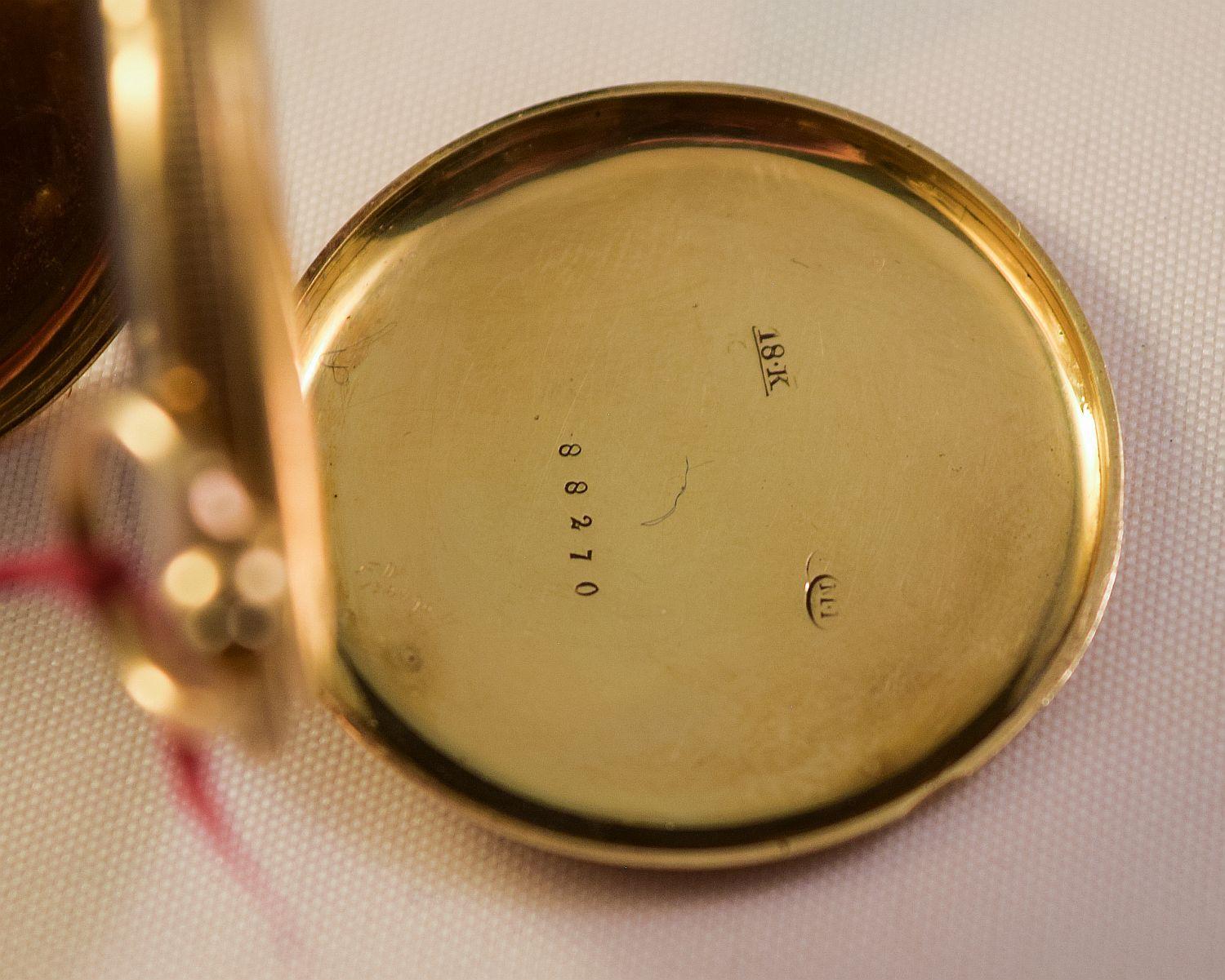 Emaille-Uhr mit Jägergehäuse 18 k attraktive Damen gemalt auf beiden Seiten in Landschaften im Angebot 11