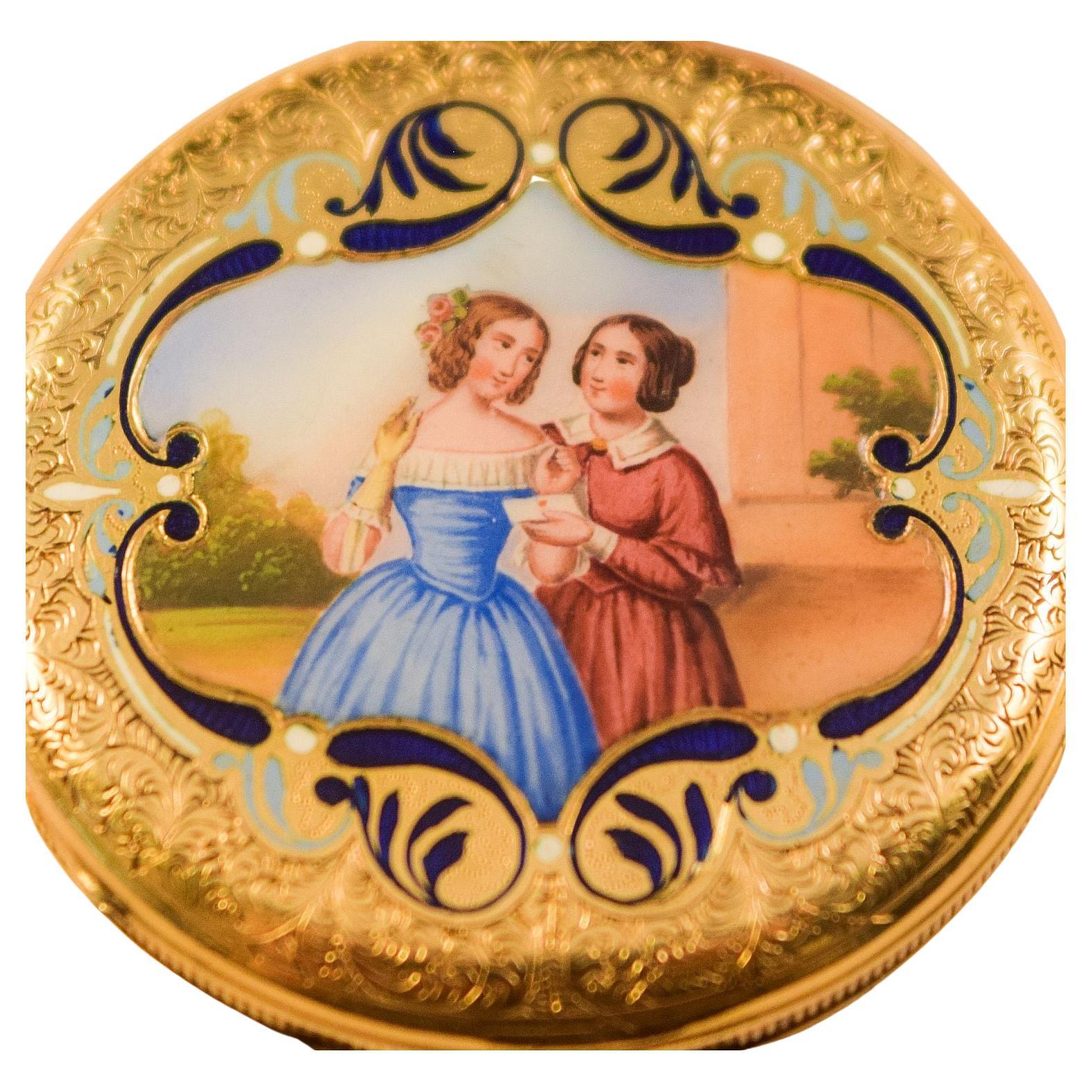 Emaille Hunter gehäuse Taschenuhr mit attraktiven Damen mit Landschaft hinter gemalt
Anfang des 20. Jahrhunderts. 
Ausgezeichnete Damen  Uhr mit Schlüsselanhänger
Erstaunlich Zustand Top-Qualität Emaille Arbeit.
Beide Seiten sind mit 2 Damen mit