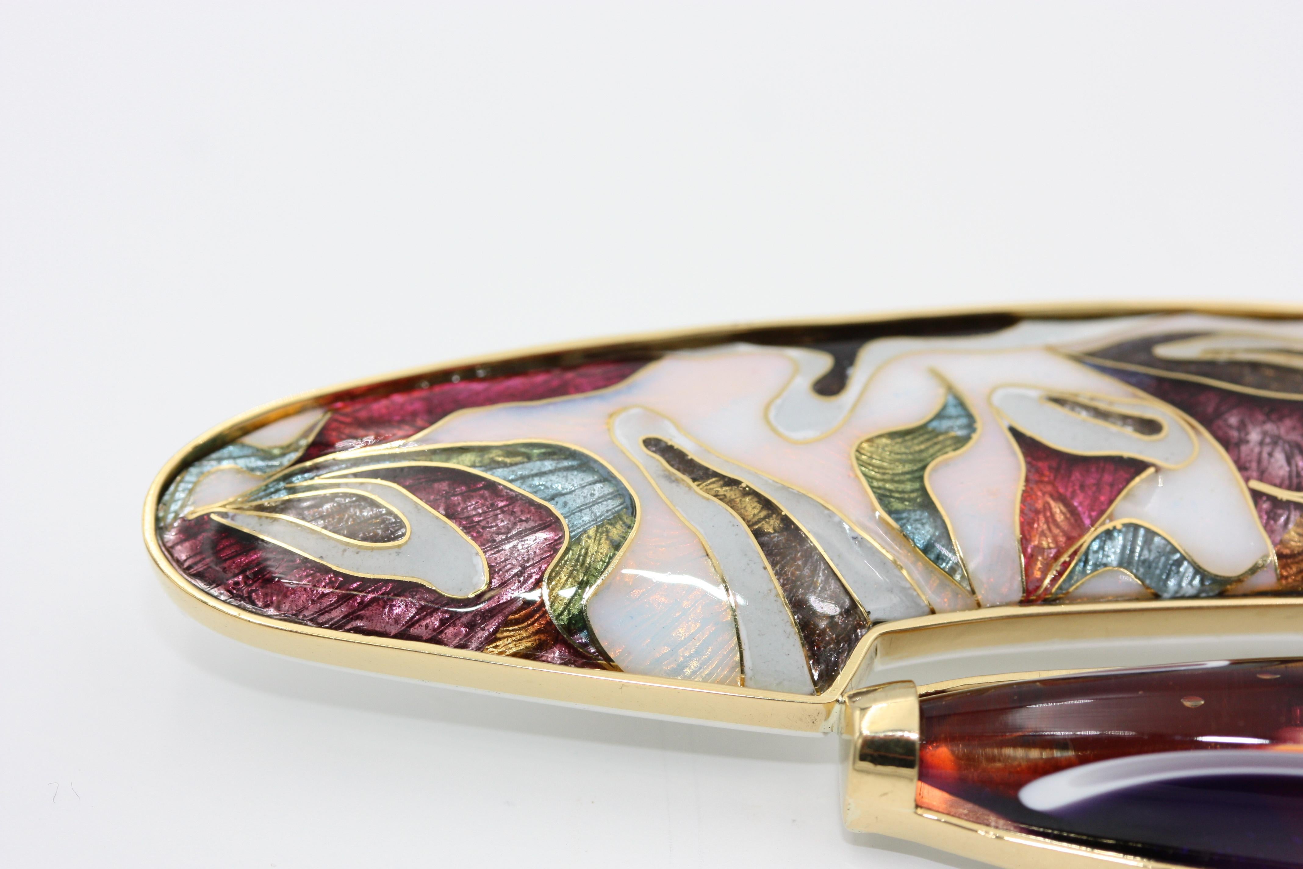 Contemporary Enamel in 24, 22 & 18 Karat Gold & Sterling Silver, Dichroic Glass Brooch/Pendant For Sale