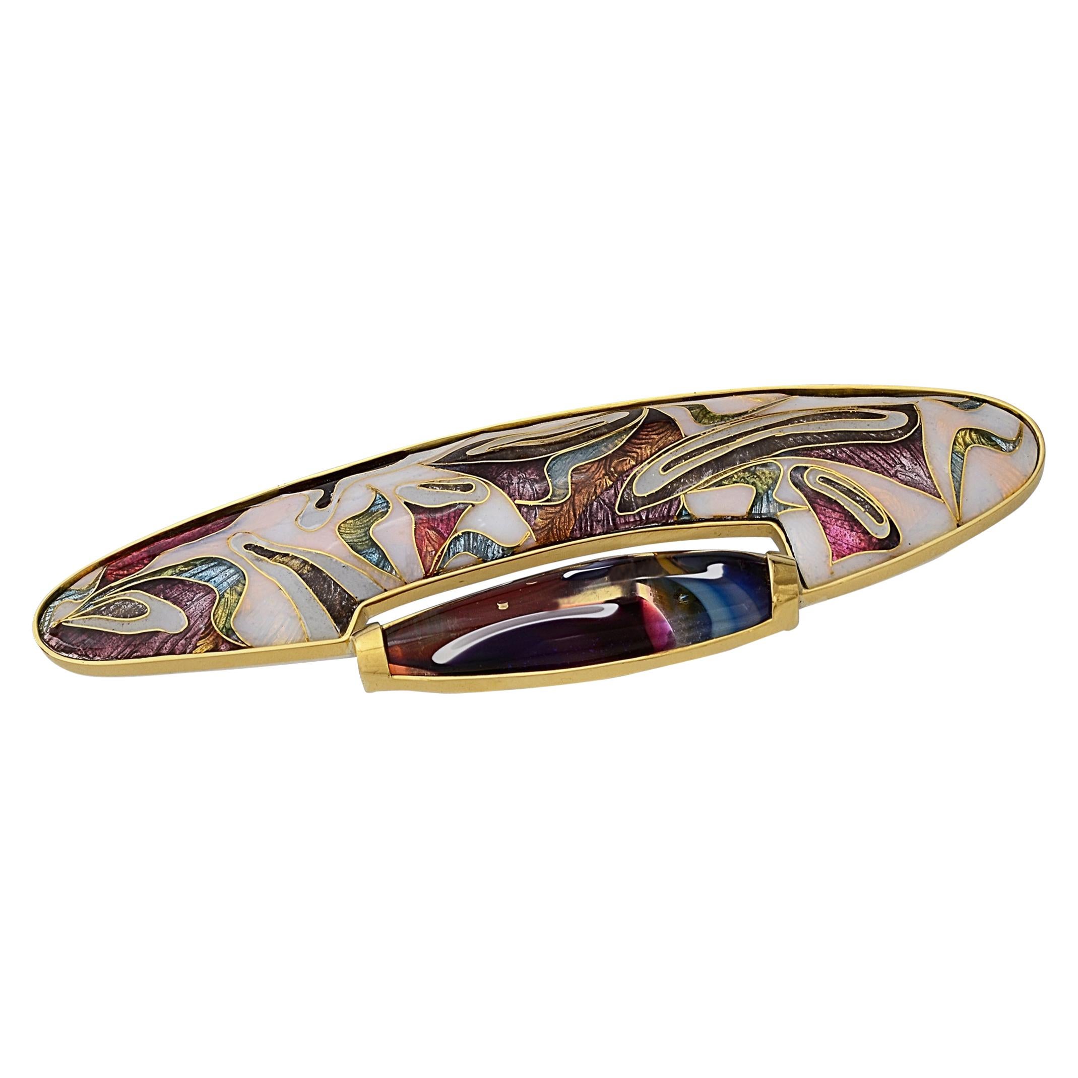 Enamel in 24, 22 & 18 Karat Gold & Sterling Silver, Dichroic Glass Brooch/Pendant For Sale