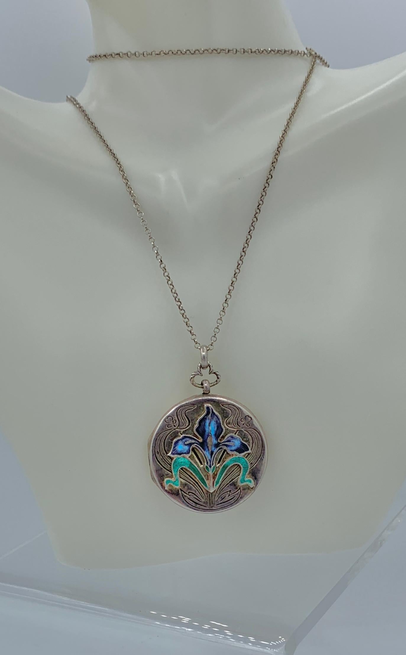 Enamel Iris Flower Locket Necklace Antique Art Nouveau Sterling Silver AML In Good Condition For Sale In New York, NY