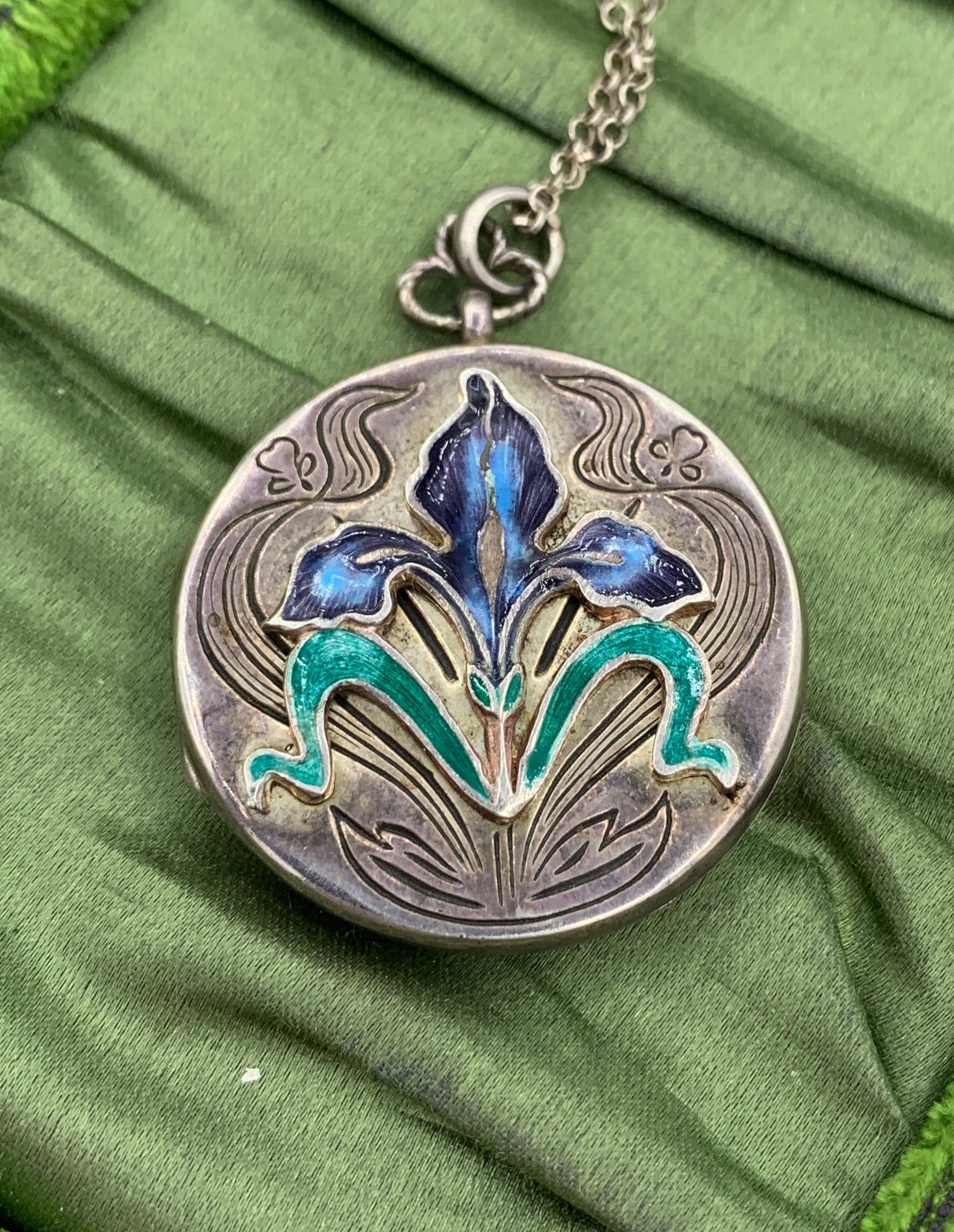 Women's Enamel Iris Flower Locket Necklace Antique Art Nouveau Sterling Silver AML For Sale