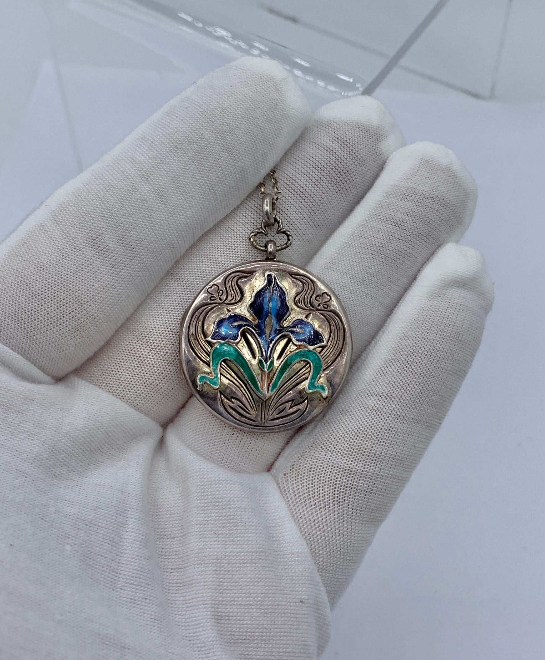 Enamel Iris Flower Locket Necklace Antique Art Nouveau Sterling Silver AML For Sale 2