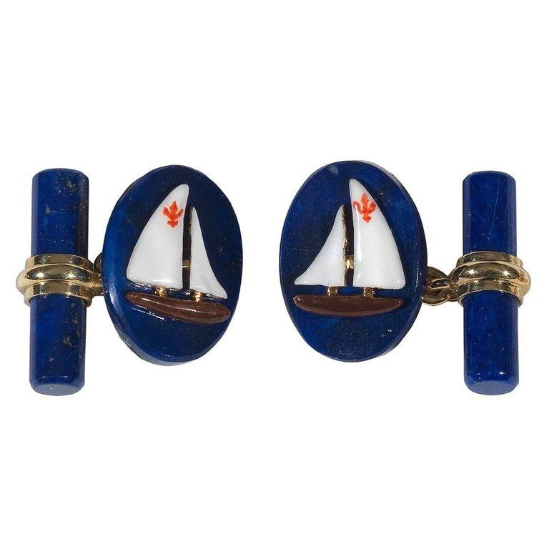 Enamel Lapis Gold Sailing Cufflinks In New Condition In Firenze, IT