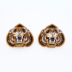 Enamel Layered Tiger Head Statement Earrings By Lunch At The Ritz, 1990s
