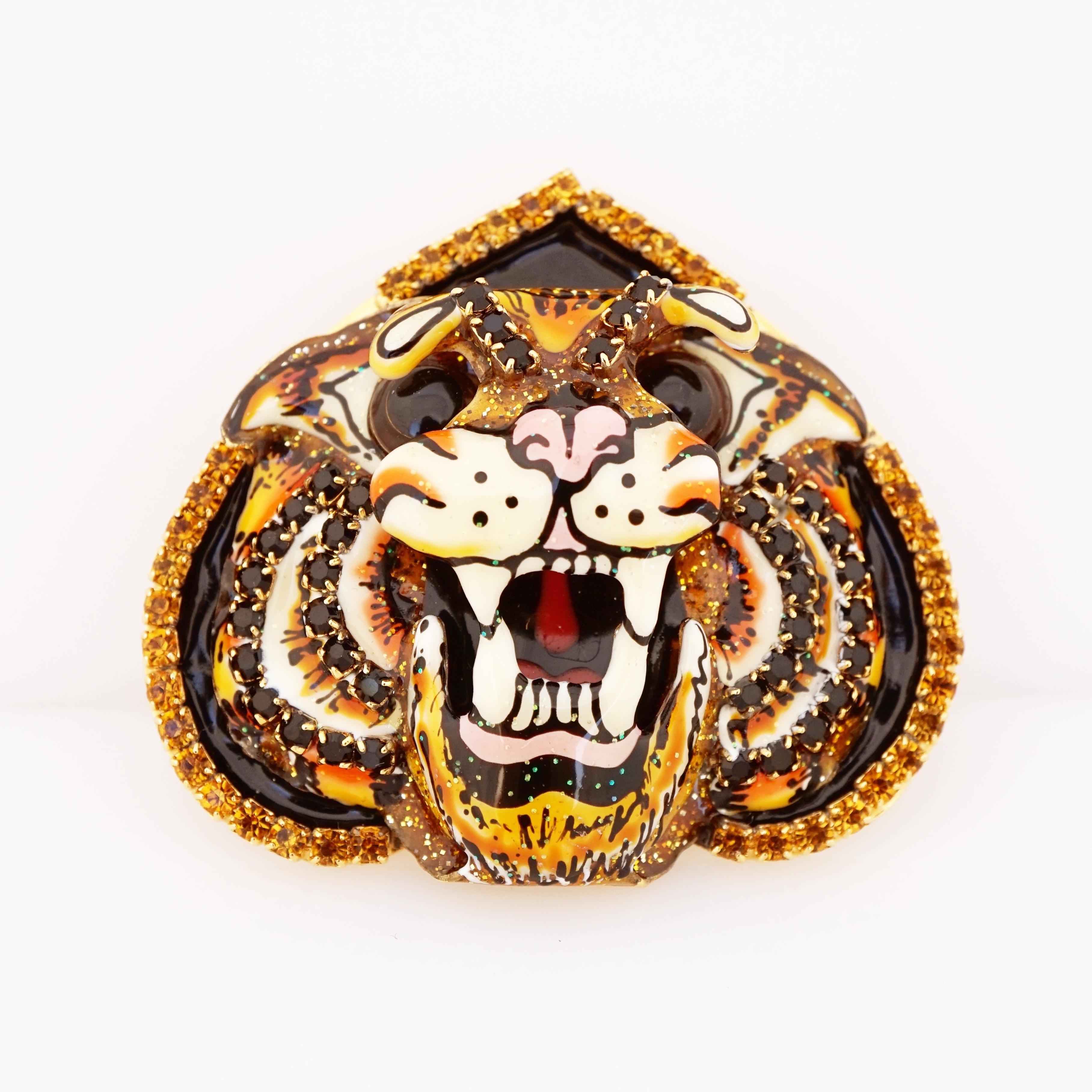 Modern Enamel Layered Tiger Head Statement Earrings By Lunch At The Ritz, 1990s For Sale