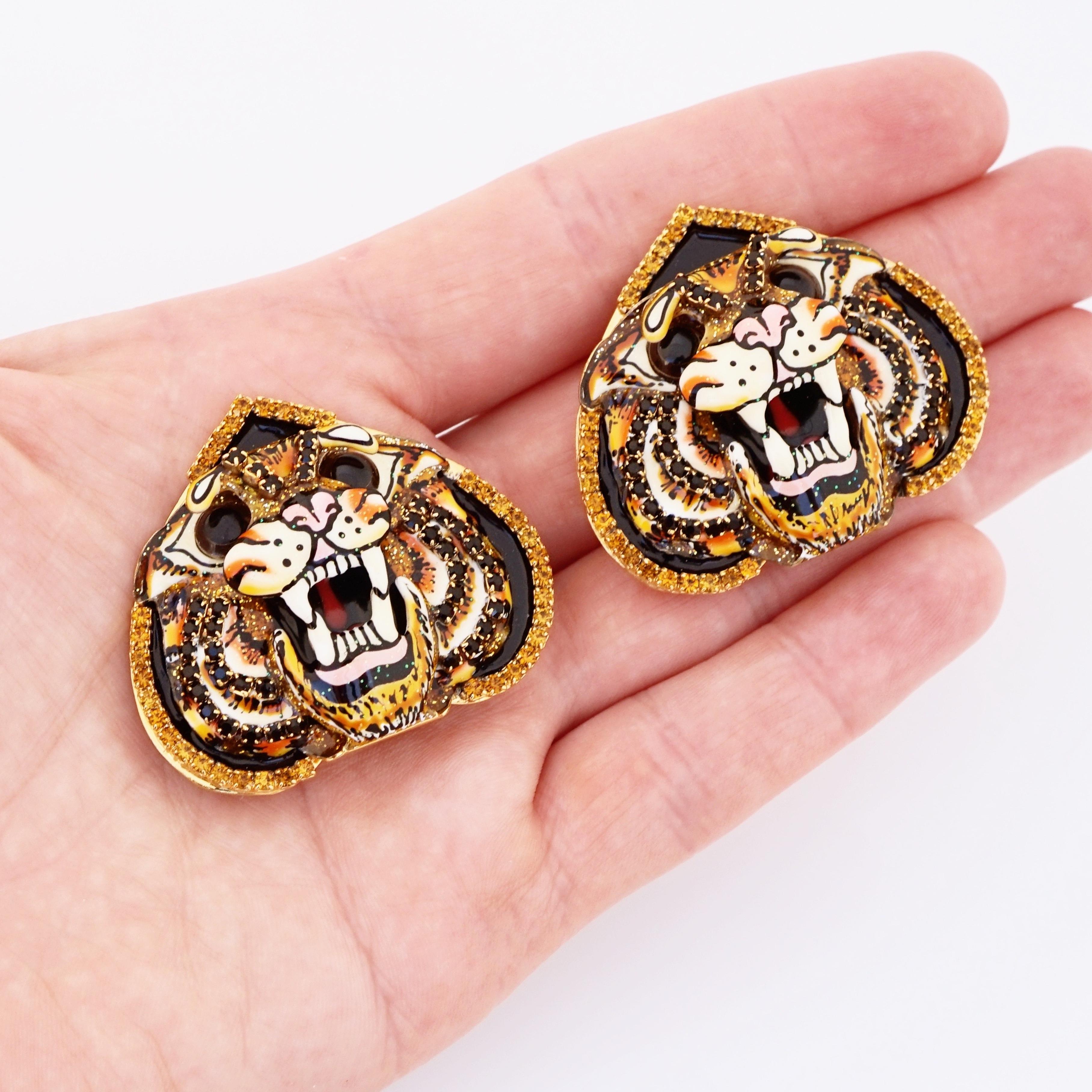 Enamel Layered Tiger Head Statement Earrings By Lunch At The Ritz, 1990s For Sale 1