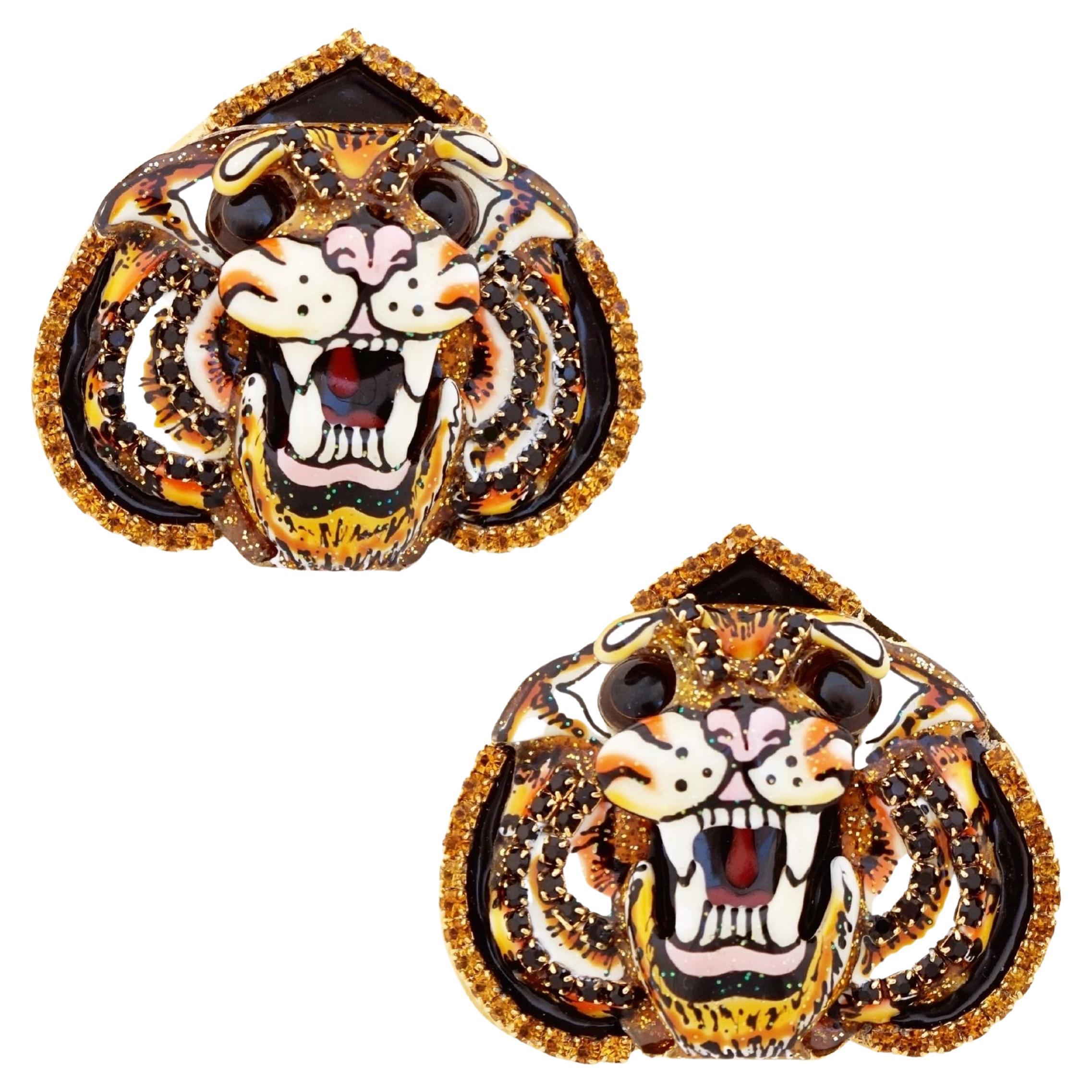 Enamel Layered Tiger Head Statement Earrings By Lunch At The Ritz, 1990s For Sale