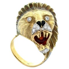 Enamel LION and Diamond Gold and Platinum Vintage Statement Ring