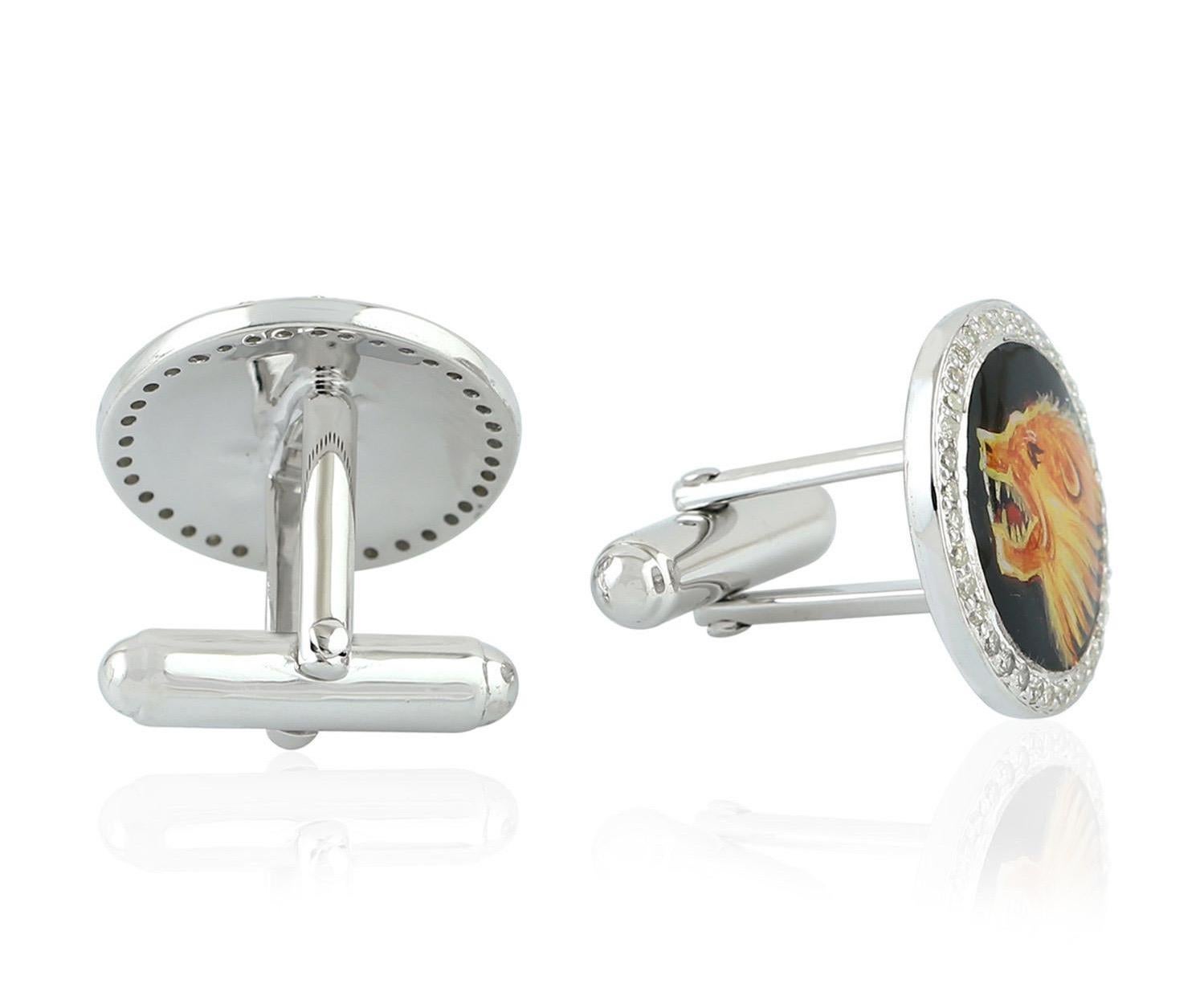 Cast from sterling silver, these enamel cuff links are hand set with .58 carats of pave diamonds with hand painted miniature art.

FOLLOW  MEGHNA JEWELS storefront to view the latest collection & exclusive pieces.  Meghna Jewels is proudly rated as