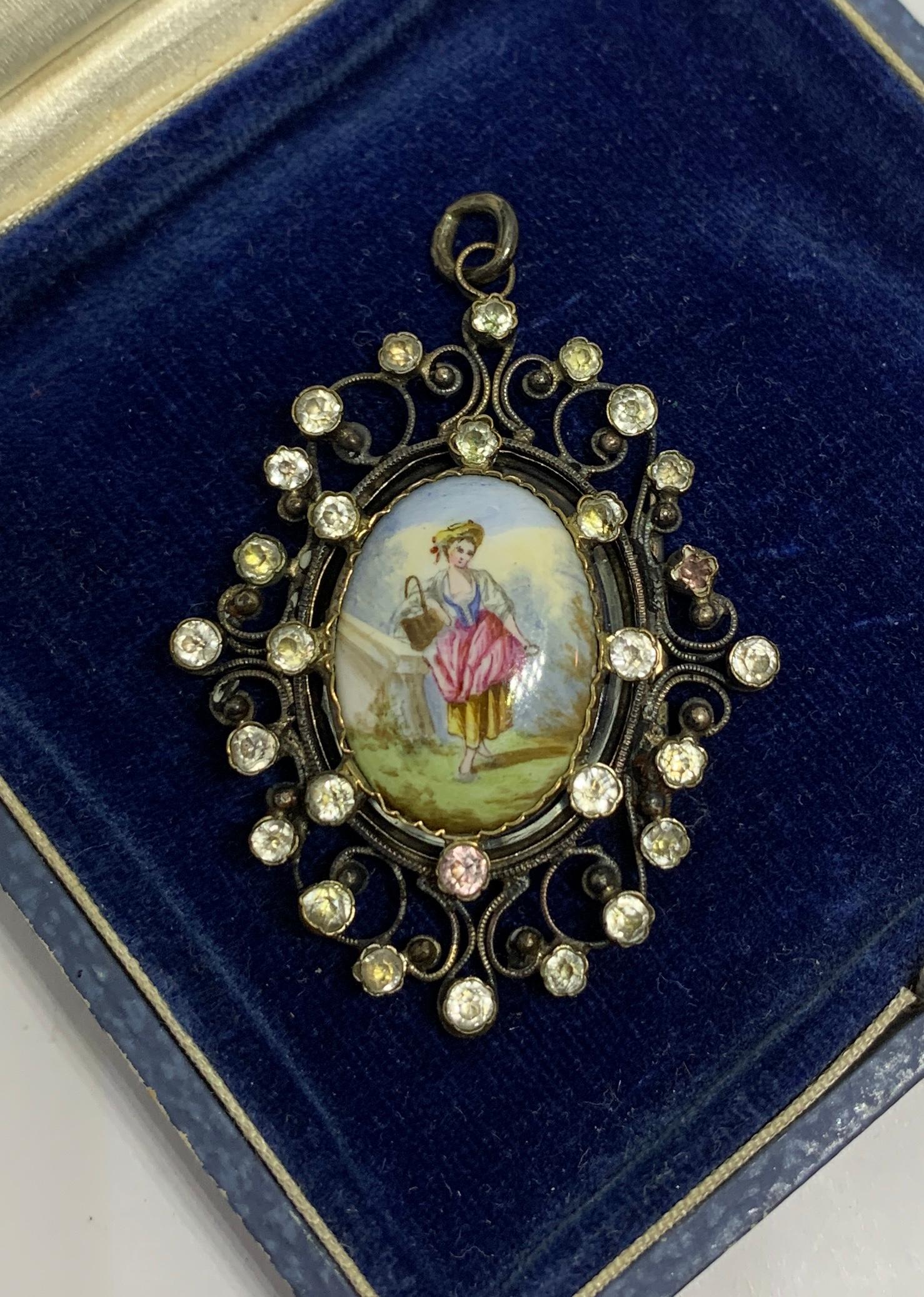 Napoleon III Enamel Locket Pendant 19th Century Silver Maiden Woman For Sale