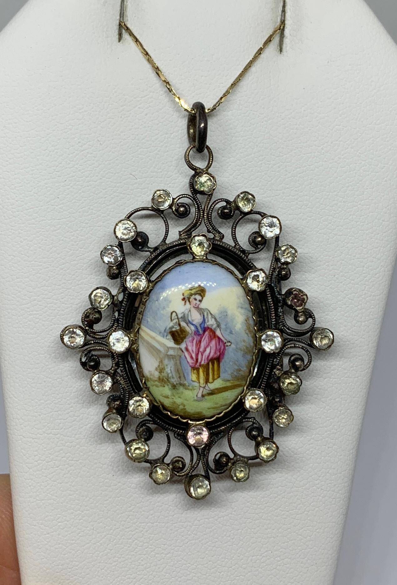 Enamel Locket Pendant 19th Century Silver Maiden Woman In Good Condition For Sale In New York, NY