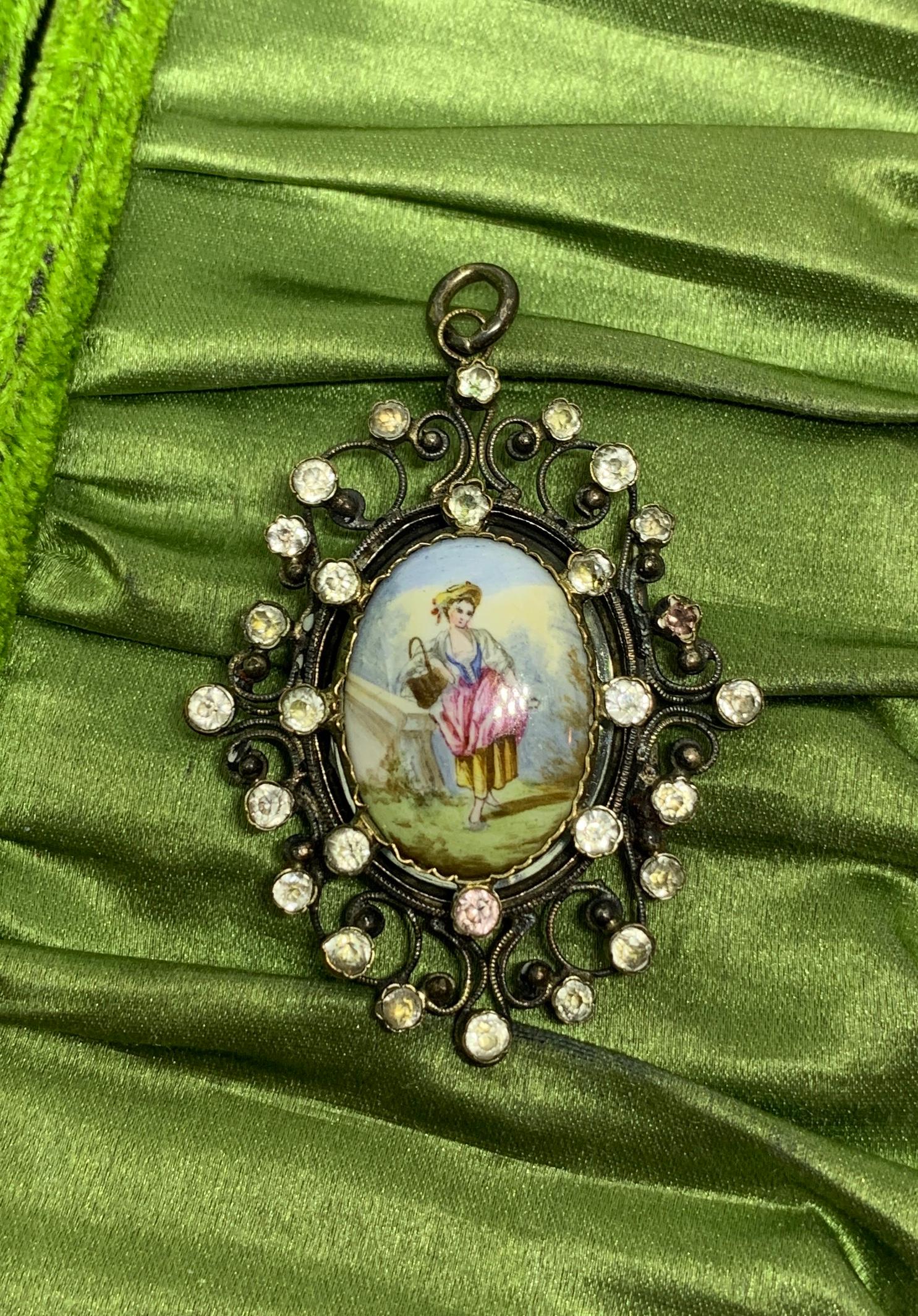 Women's Enamel Locket Pendant 19th Century Silver Maiden Woman For Sale