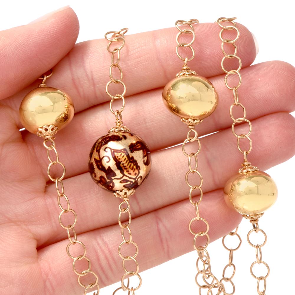 Women's Enamel Long Chain Necklace 18 Karat Yellow Gold
