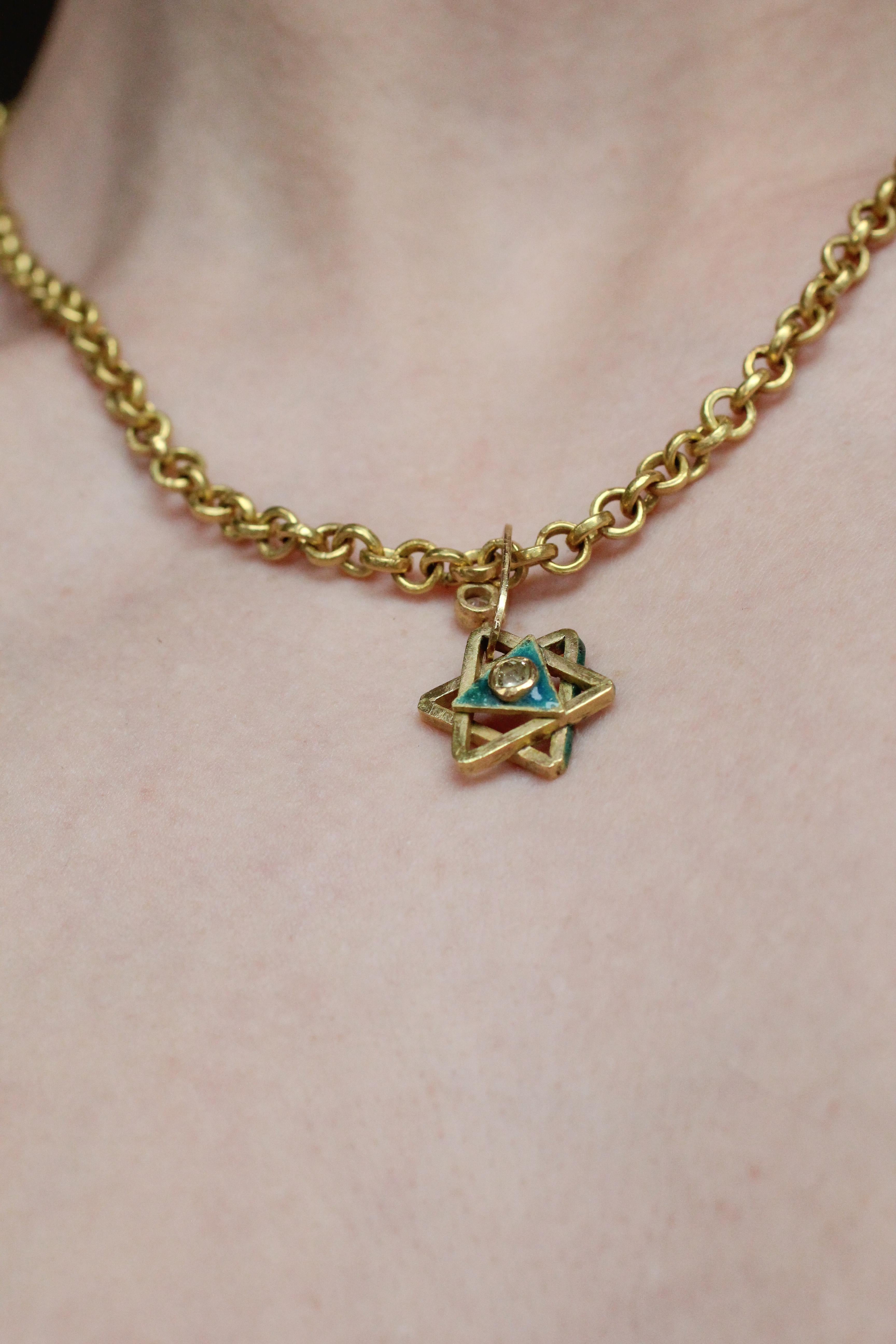Enamel Magen David 18K Gold Chain Necklace Diamond Enhancer and Toggle Clasp For Sale 12