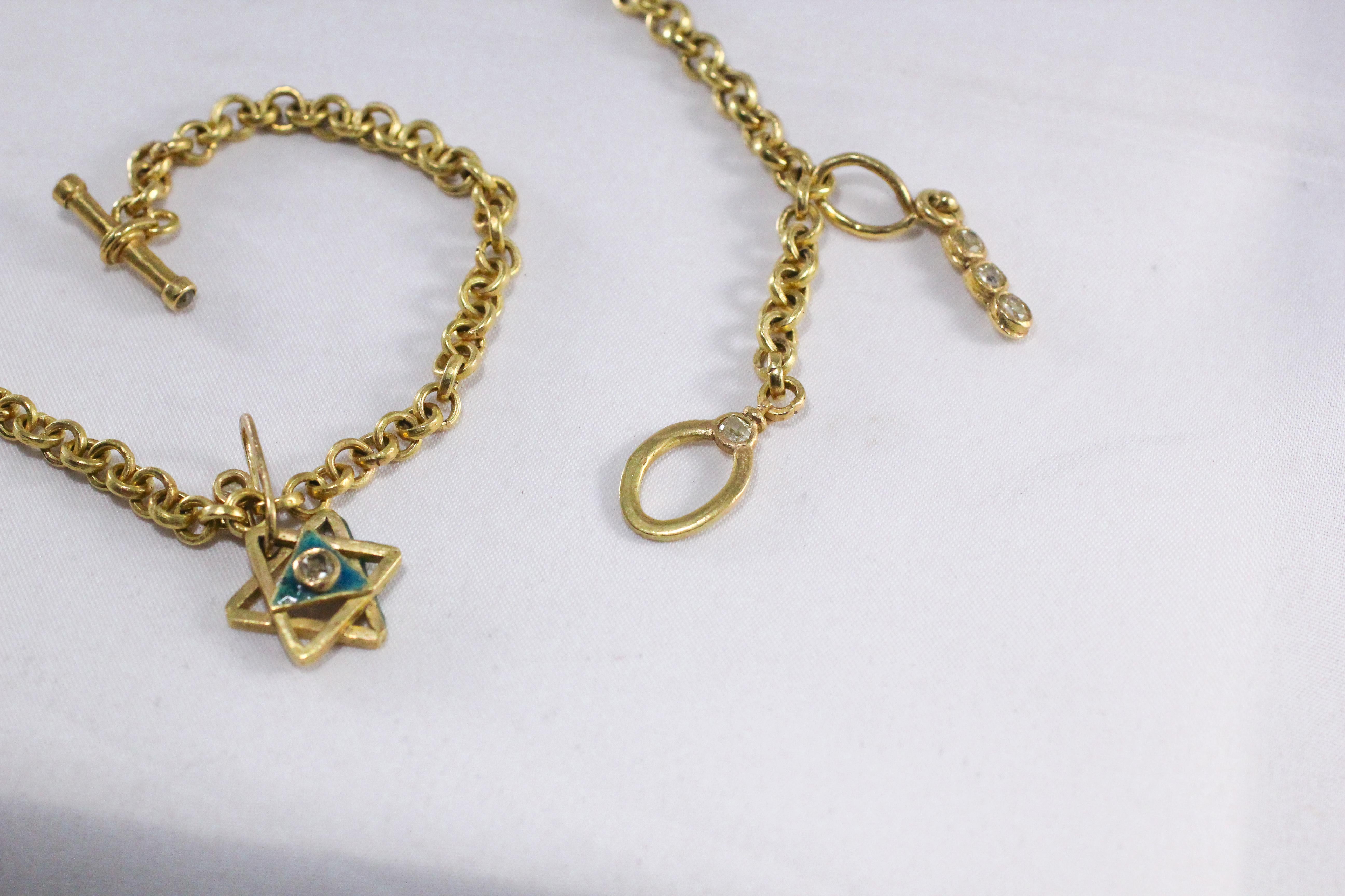 Modern Enamel Magen David 18K Gold Chain Necklace Diamond Enhancer and Toggle Clasp For Sale