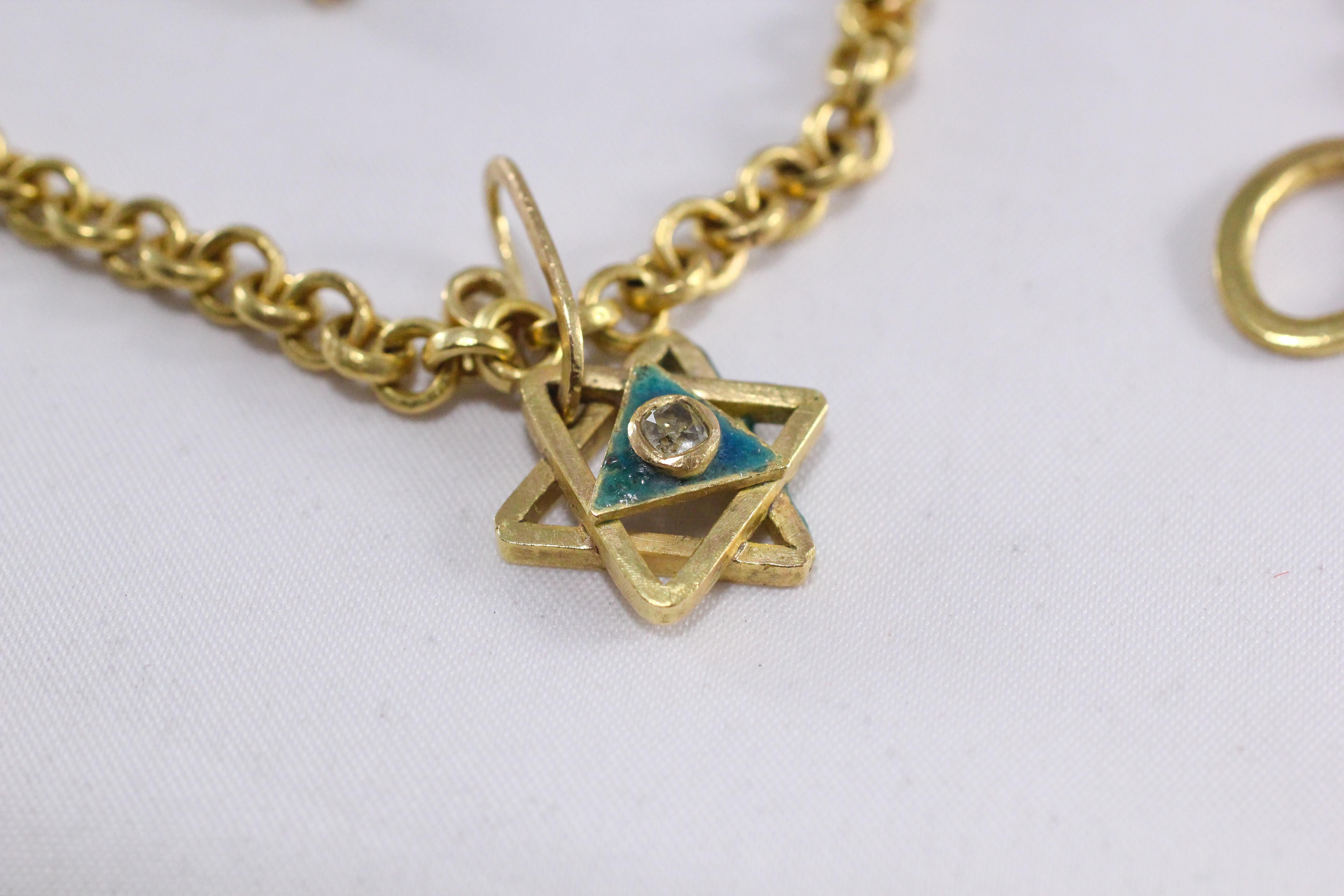 Oval Cut Enamel Magen David 18K Gold Chain Necklace Diamond Enhancer and Toggle Clasp For Sale