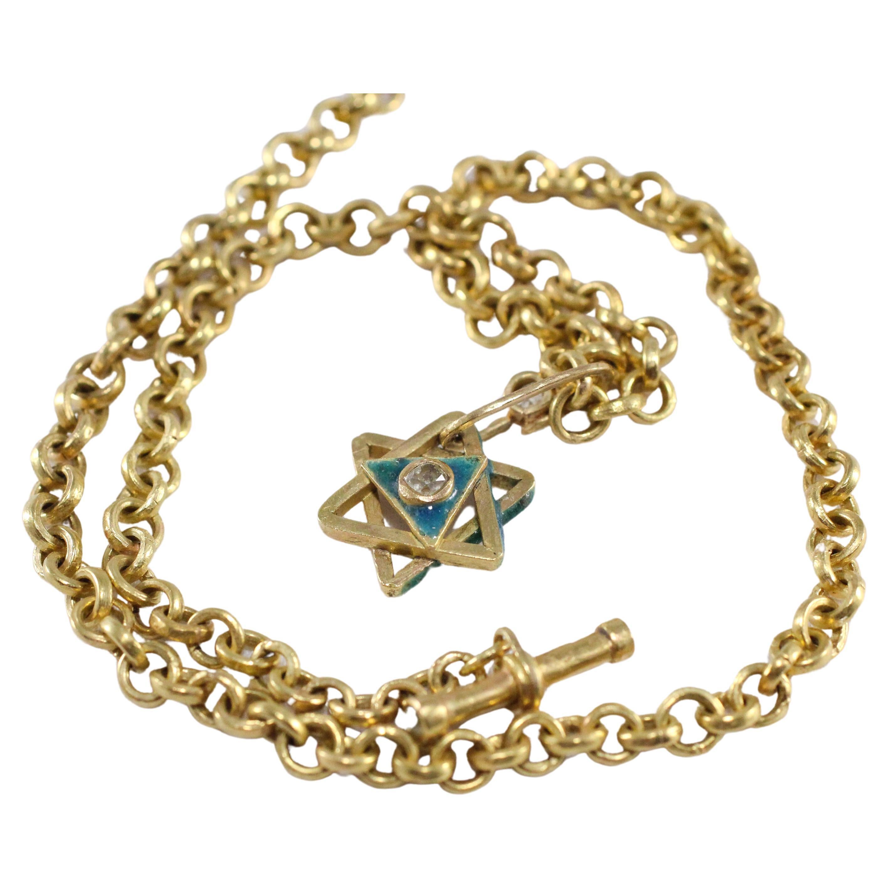 Enamel Magen David 18K Gold Chain Necklace Diamond Enhancer and Toggle Clasp For Sale