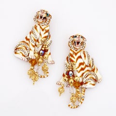 Enamel Marionette "White Tie Tiger" Statement Earrings By Lunch At The Ritz