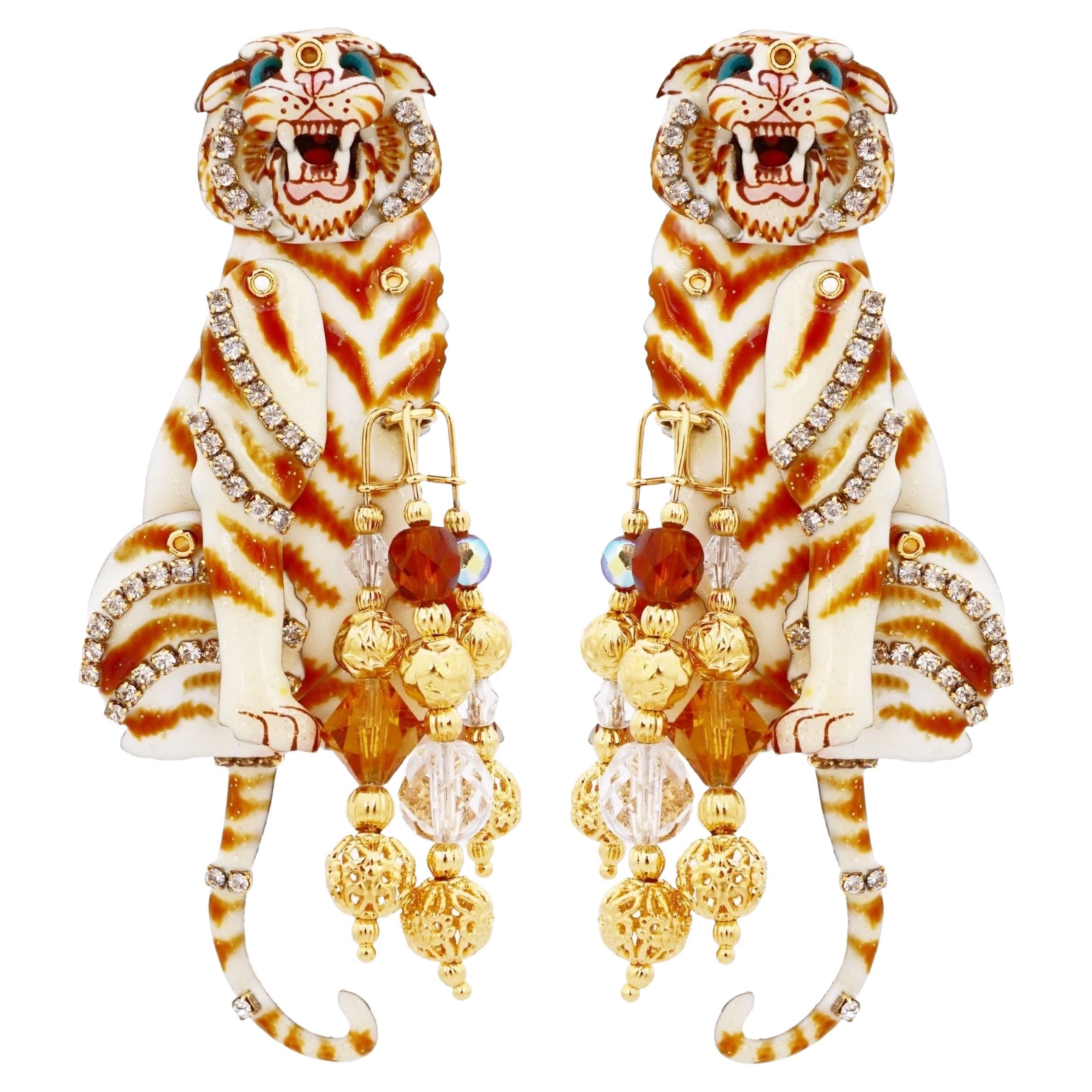 Enamel Marionette "White Tie Tiger" Statement Earrings By Lunch At The Ritz