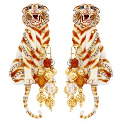 Enamel Marionette "White Tie Tiger" Statement Earrings By Lunch At The Ritz