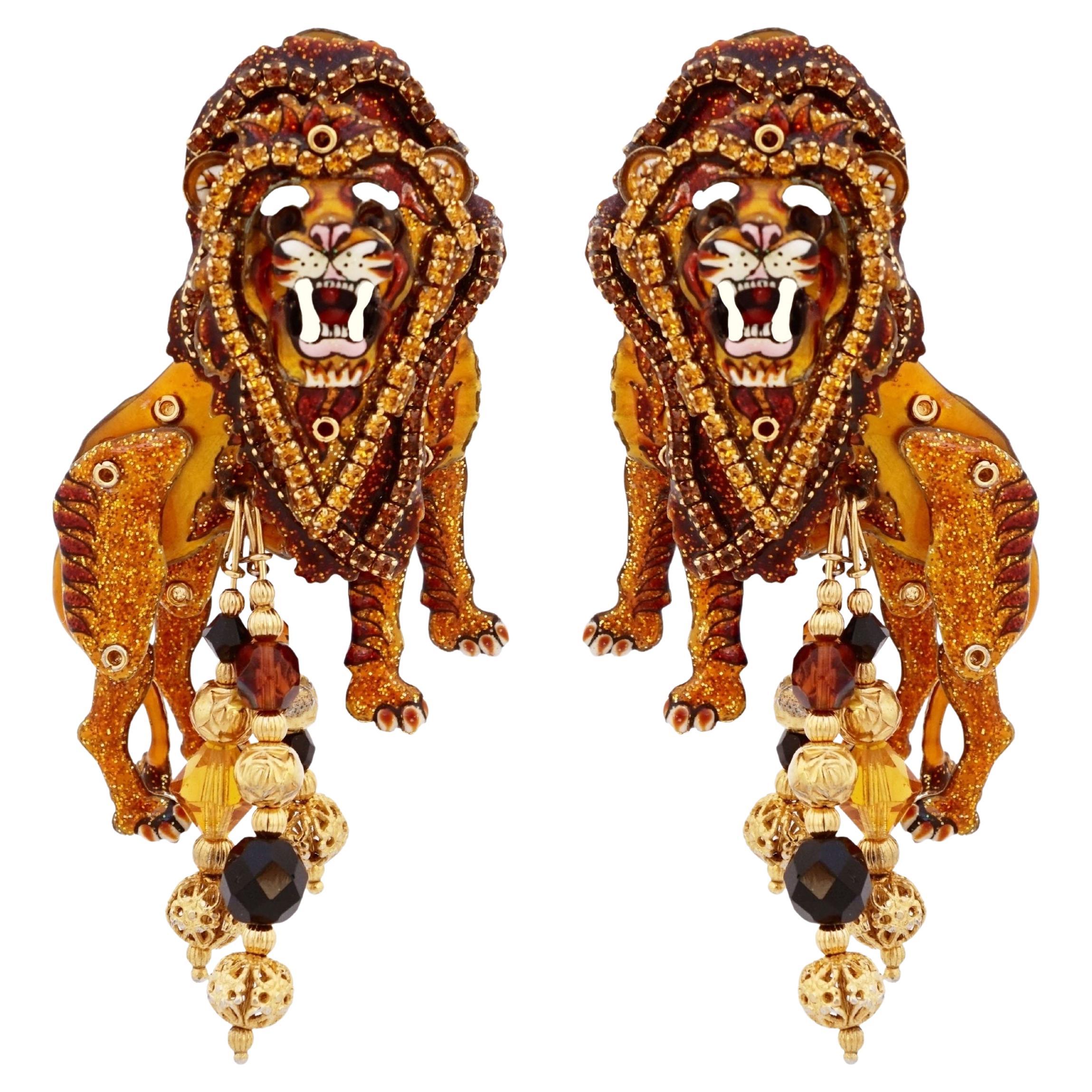 Enamel Marionette "Wild Cats" Lion Statement Earrings By Lunch At The Ritz For Sale