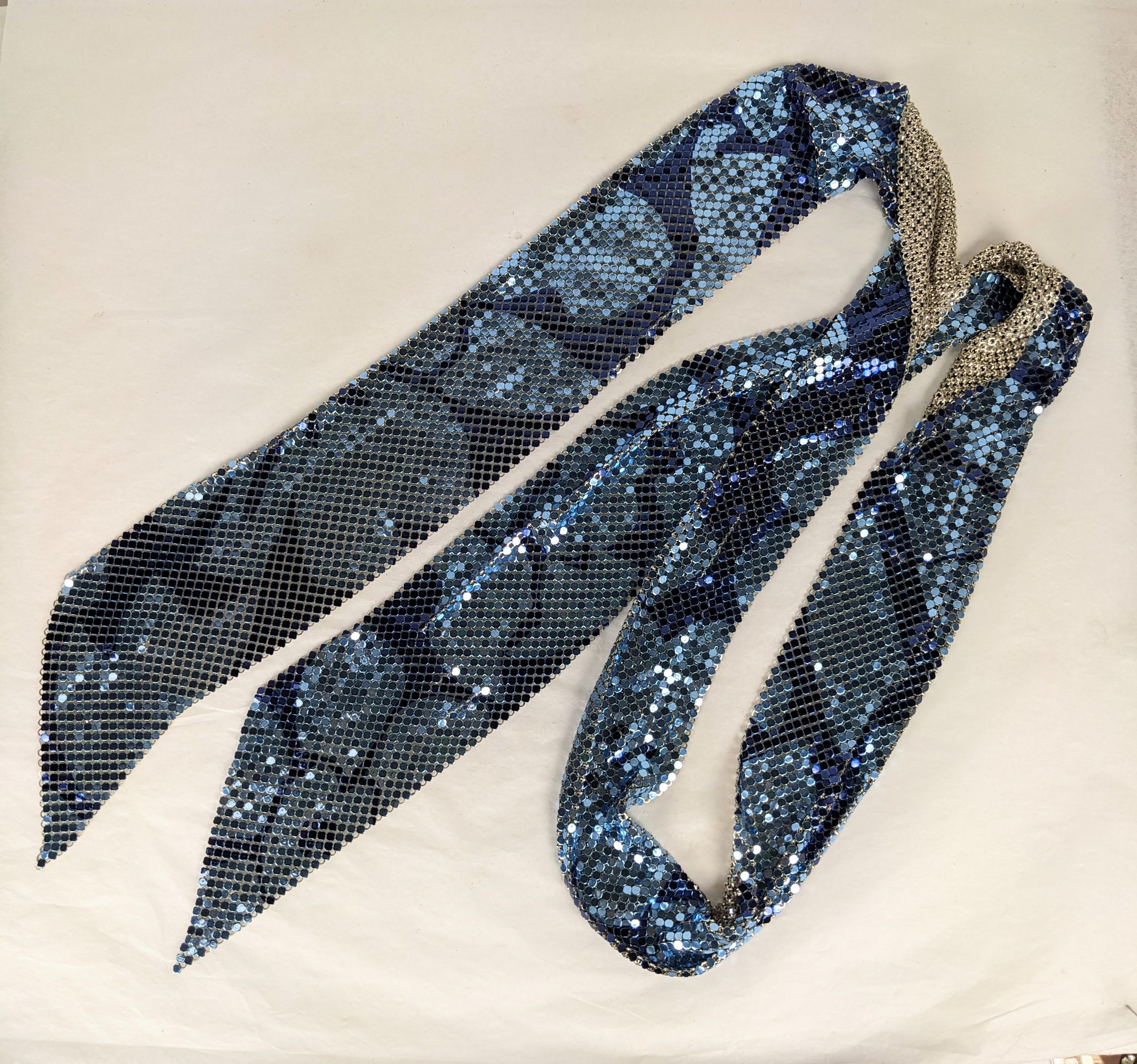 Super versatile Enamel Metal Mesh Neck Scarf with abstract florals in blue tones likely by Whiting Davis. Liquid printed metal mesh, perfect to upgrade any outfit. 1980's USA. 56