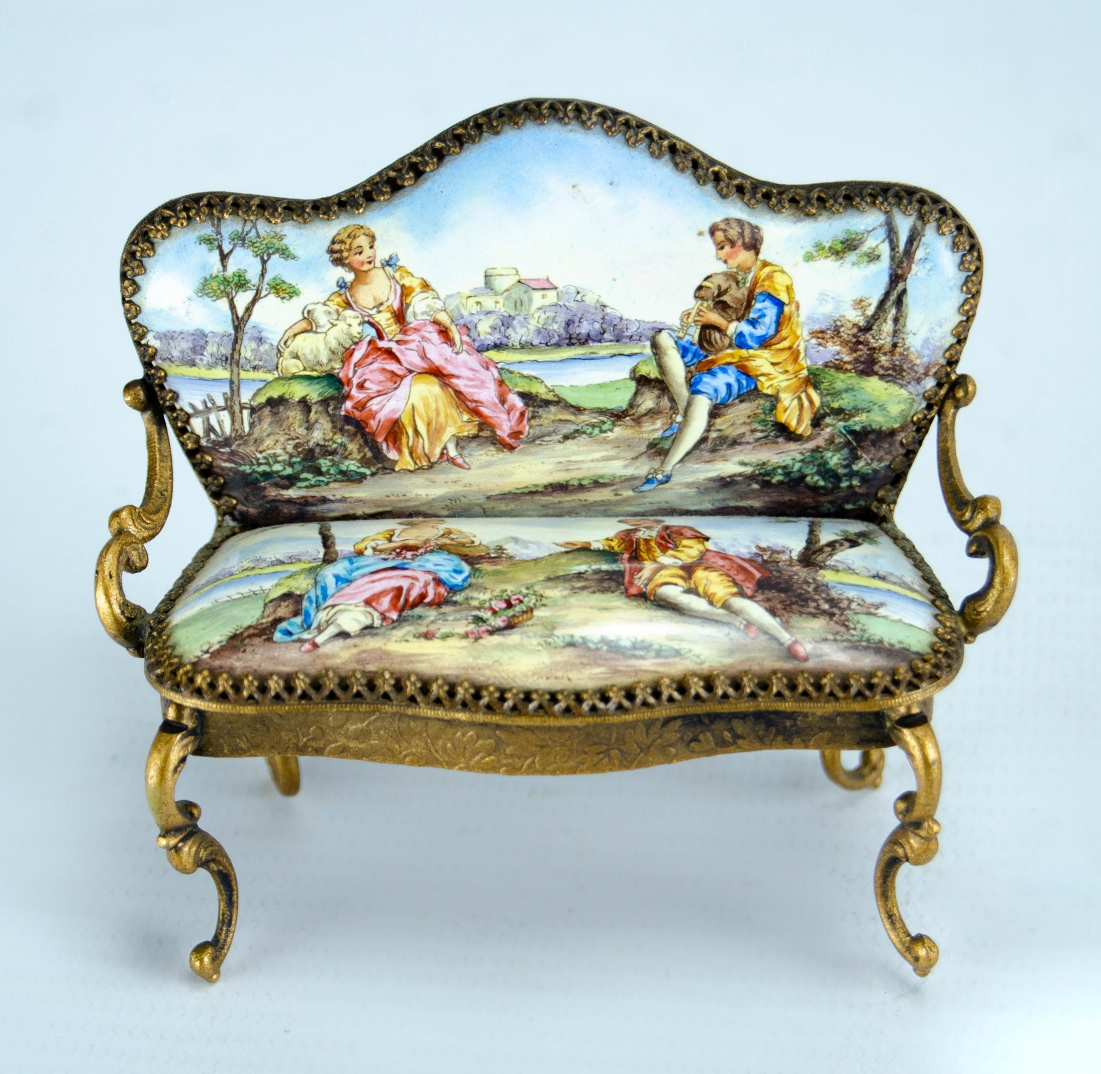 Early 20th Century Enamel Miniatures Living Room and Piano Set For Sale