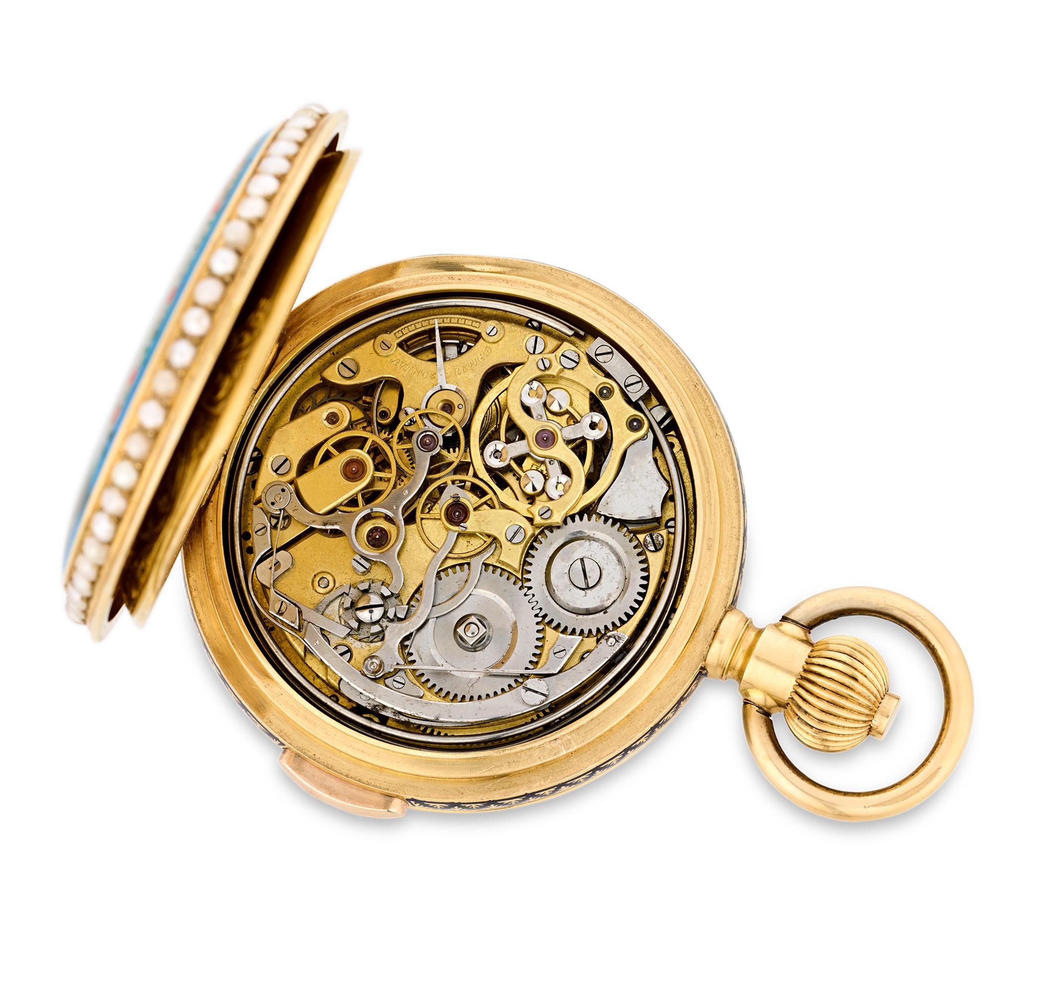 Emaille Minutenrepetition Chronograph Taschenuhr (Ungeschliffen) im Angebot