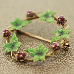 Enamel Mistletoe Ruby Gold Pin Brooch