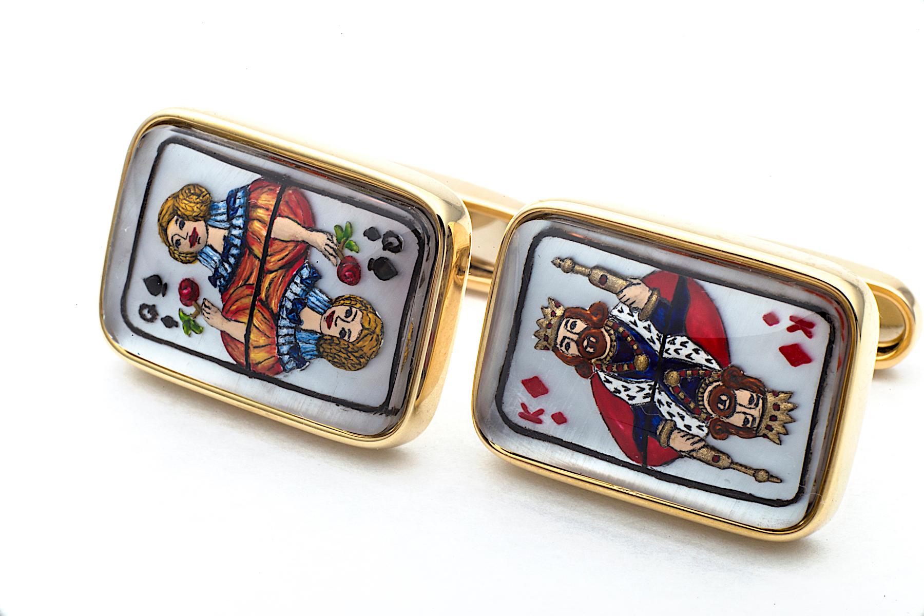 You will be dealt a good hand when wearing these whimsical King and Queen cufflinks!  This one-of-a-kind handmade pair of cufflinks, designed by Steven Fox, has the two royals beautifully reverse-enameled into carved rock crystal and applied onto a