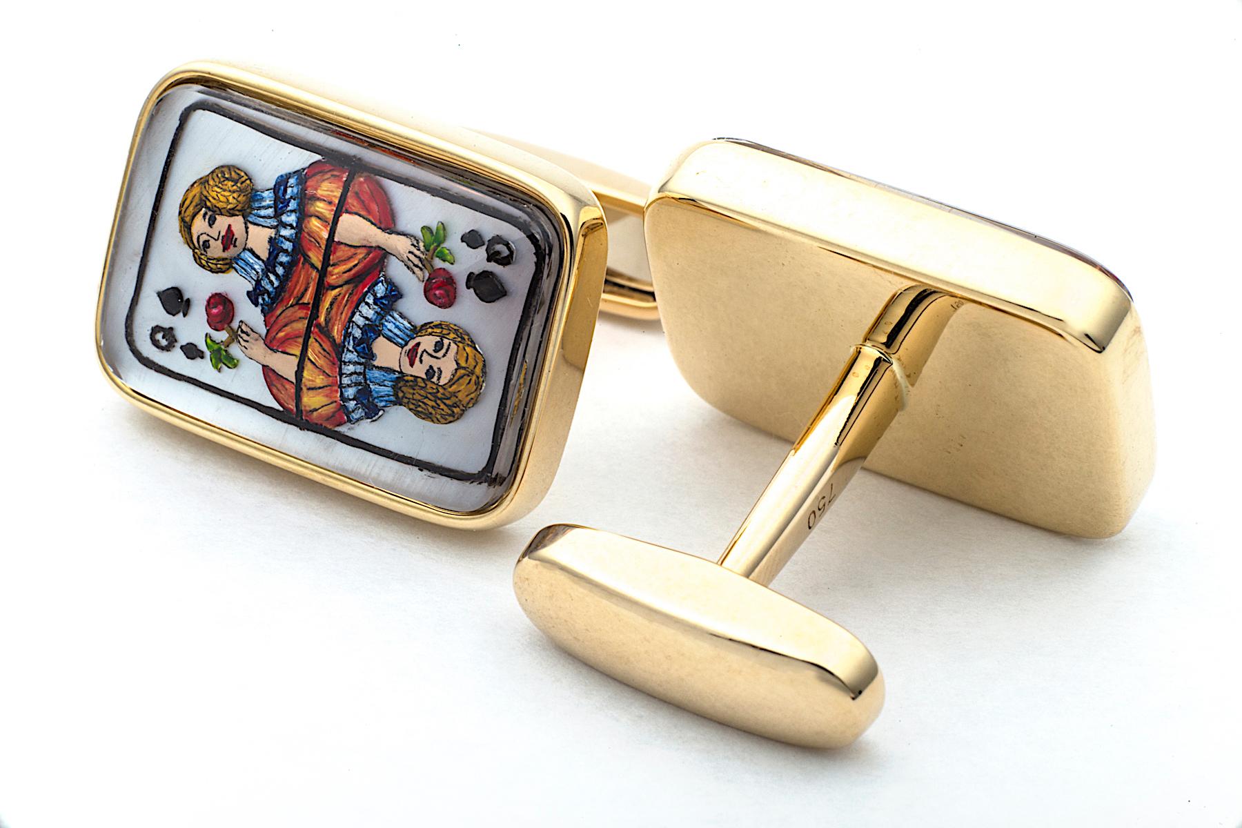 Contemporary Enamel Mother-of-Pearl Gold Playing Card Cufflinks