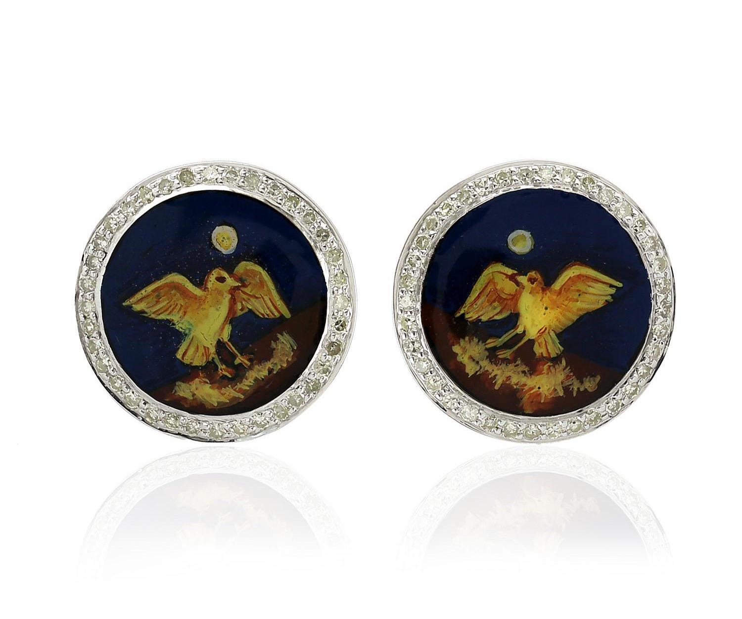 Modern Diamond Enamel Nightingale Cuff links For Sale