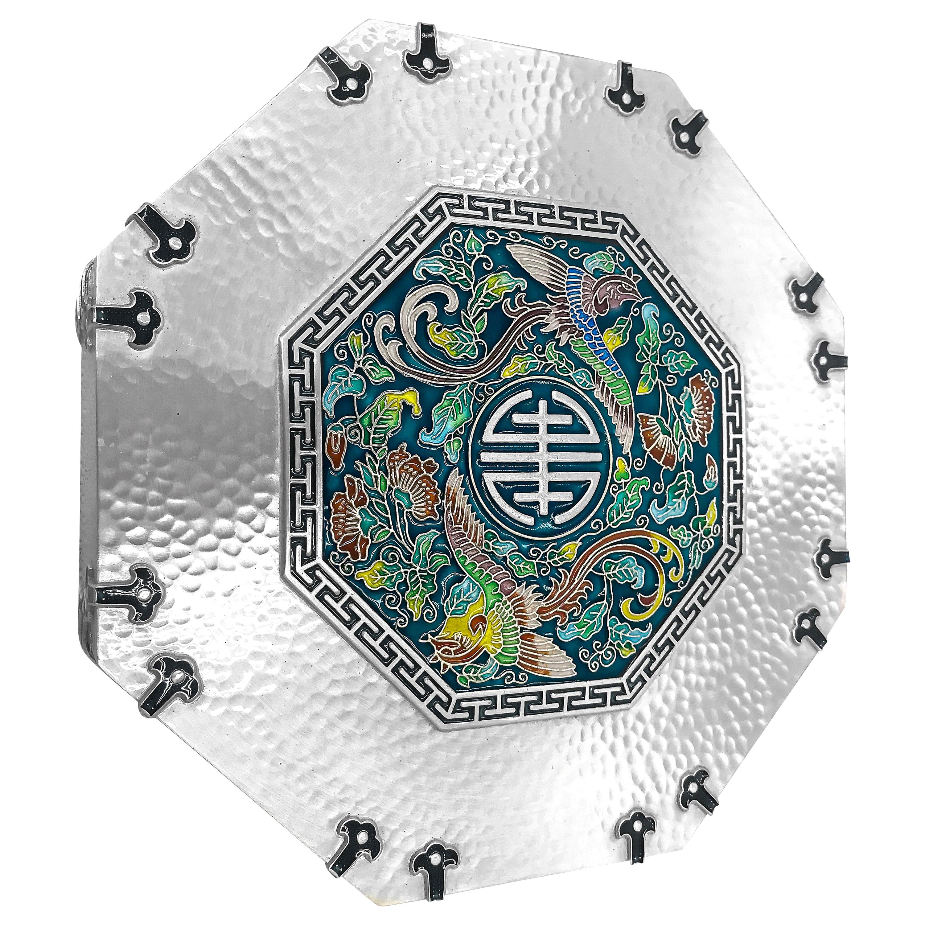 Enamel Octagon Silver Box with 5 Sections Inside, 0.99 Karat Silver For Sale