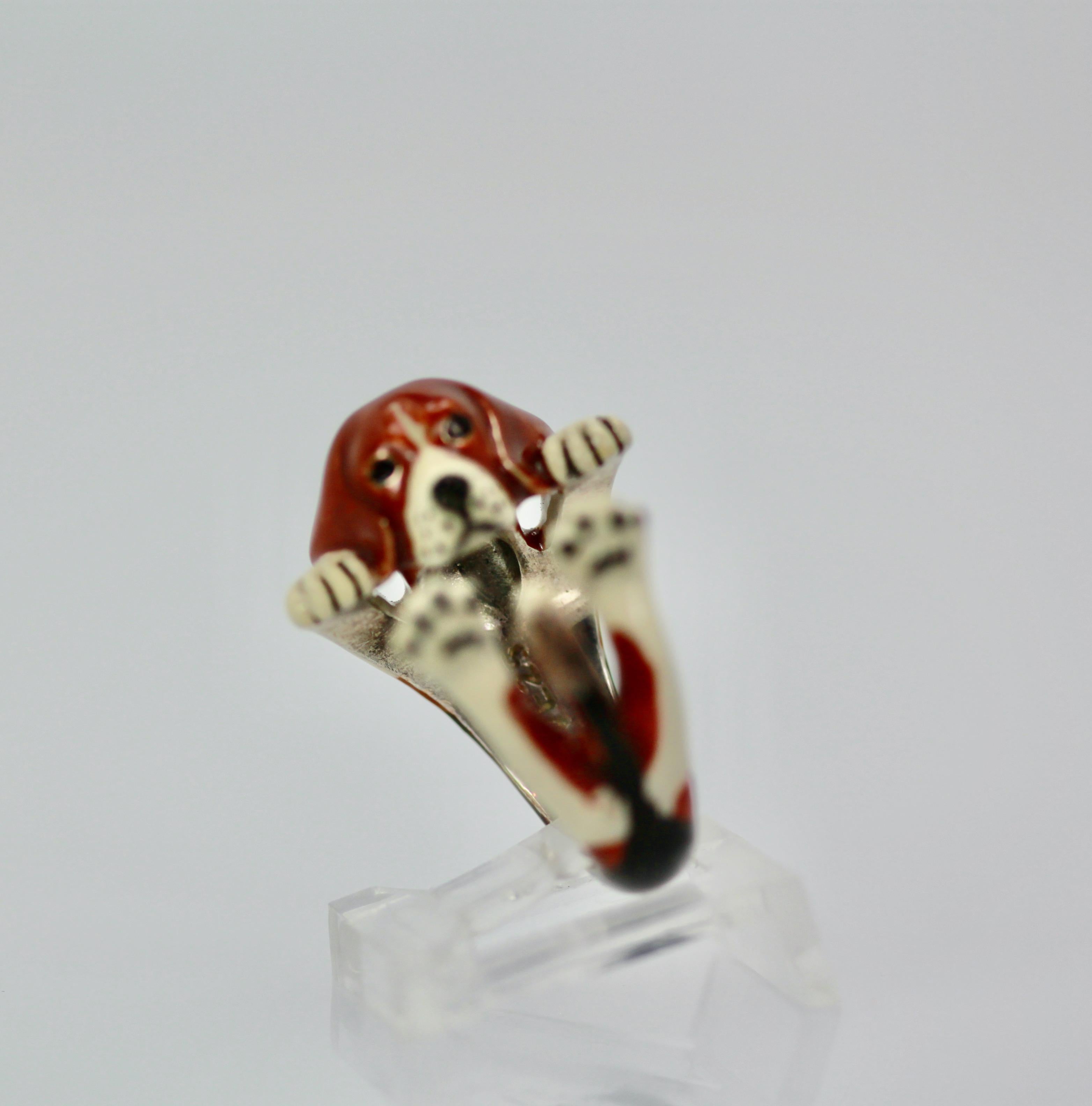 Enamel on Silver Ceramic Beagle Dog Ring For Sale 5