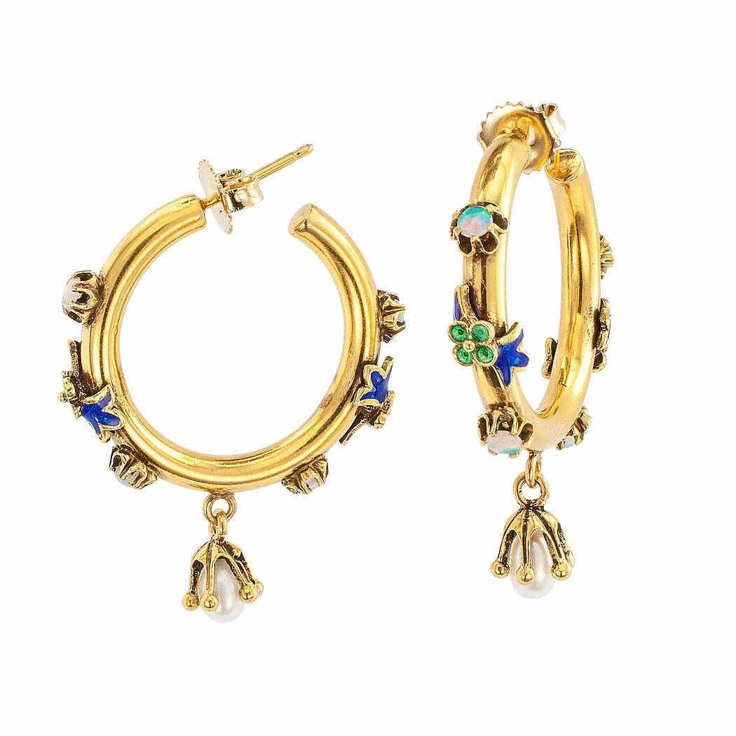 Contemporary Enamel Opal Pearl Gold Hoop Earrings
